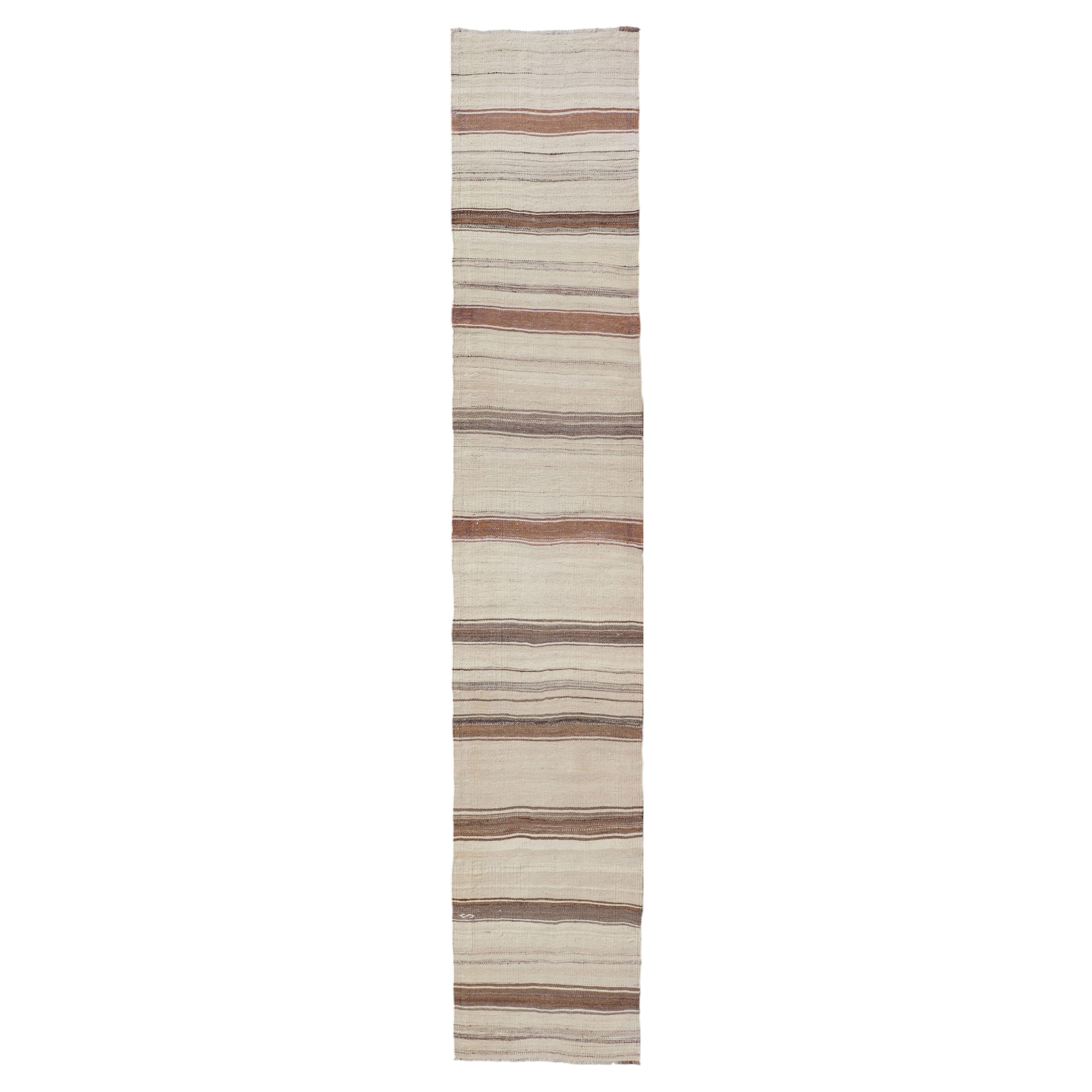 Vintage Narrow Turkish Kilim Runner with Beige and Soft Brown Stripes