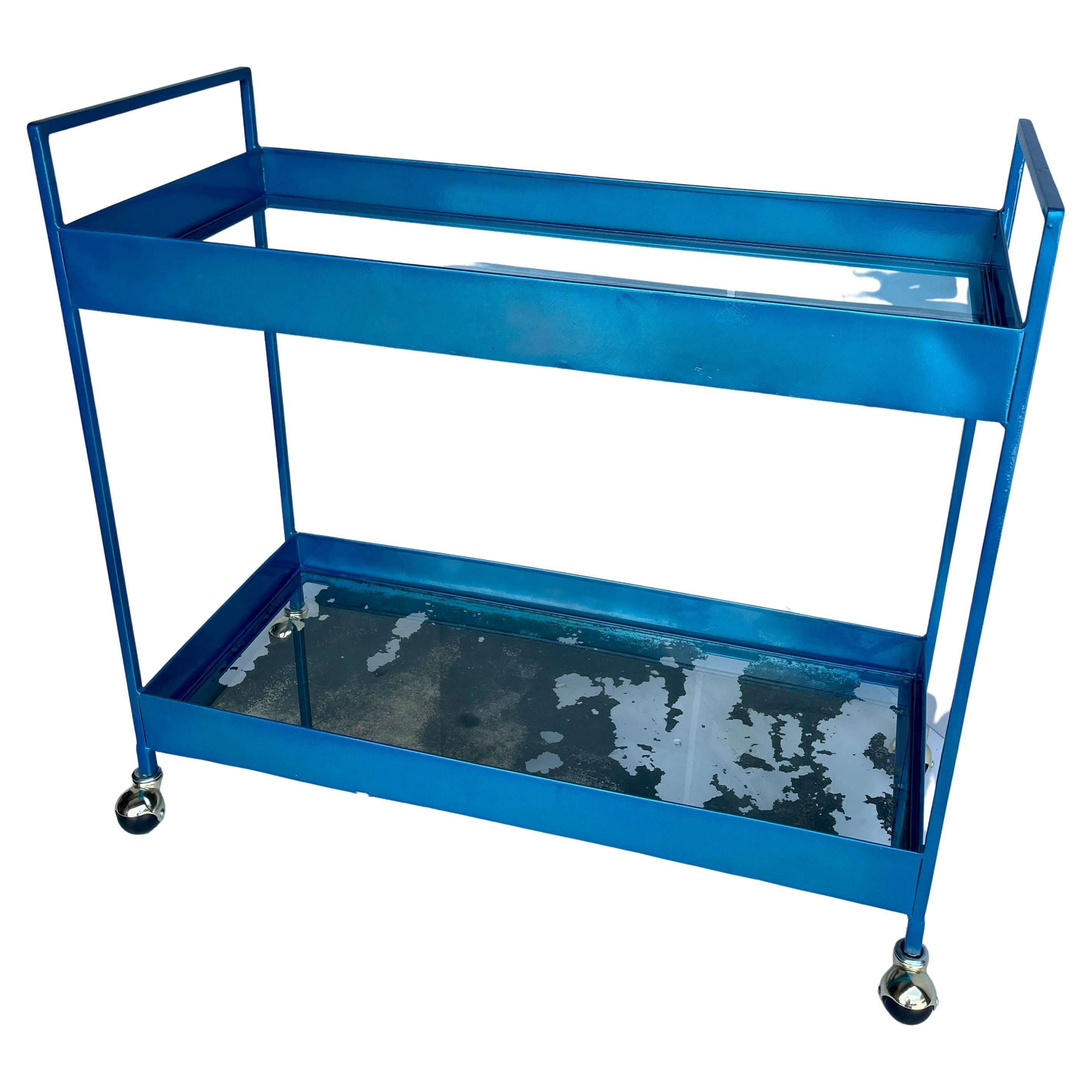 20th Century Vintage Narrow Two-tier Maui Blue Bar Cart Trolley, Industrial Style For Sale