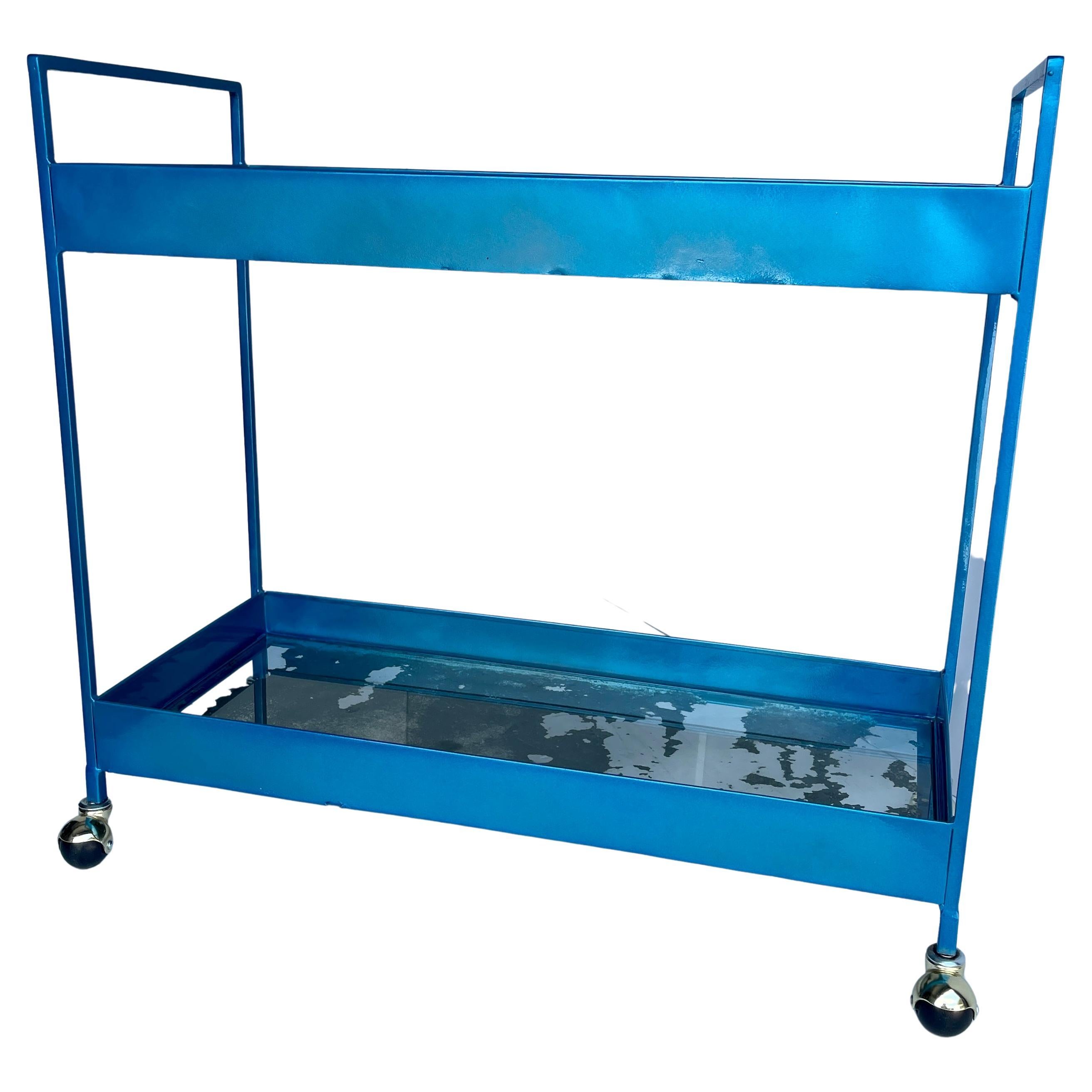 Metal Vintage Narrow Two-tier Maui Blue Bar Cart Trolley, Industrial Style For Sale