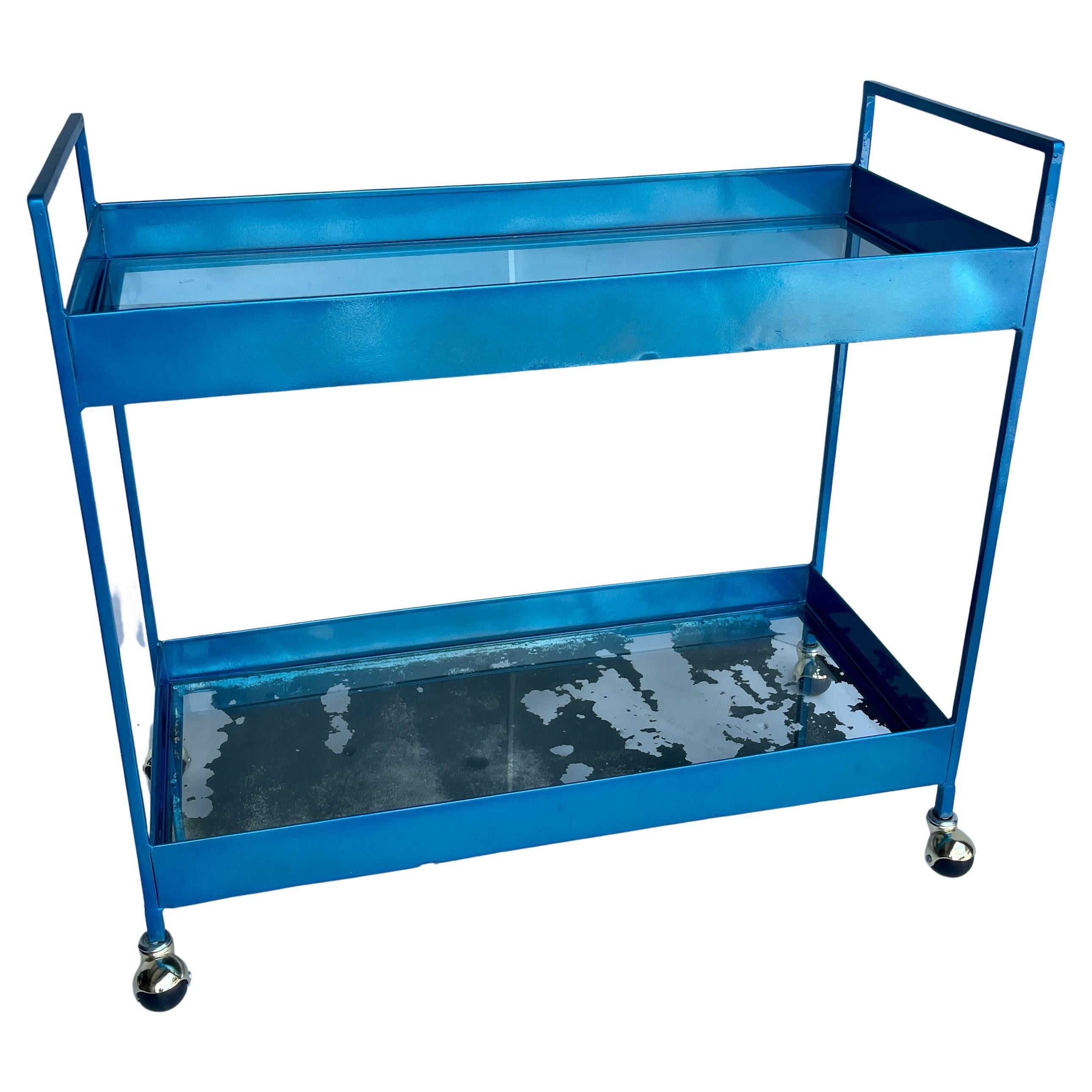 Vintage Narrow Two-tier Maui Blue Bar Cart Trolley, Industrial Style For Sale 1
