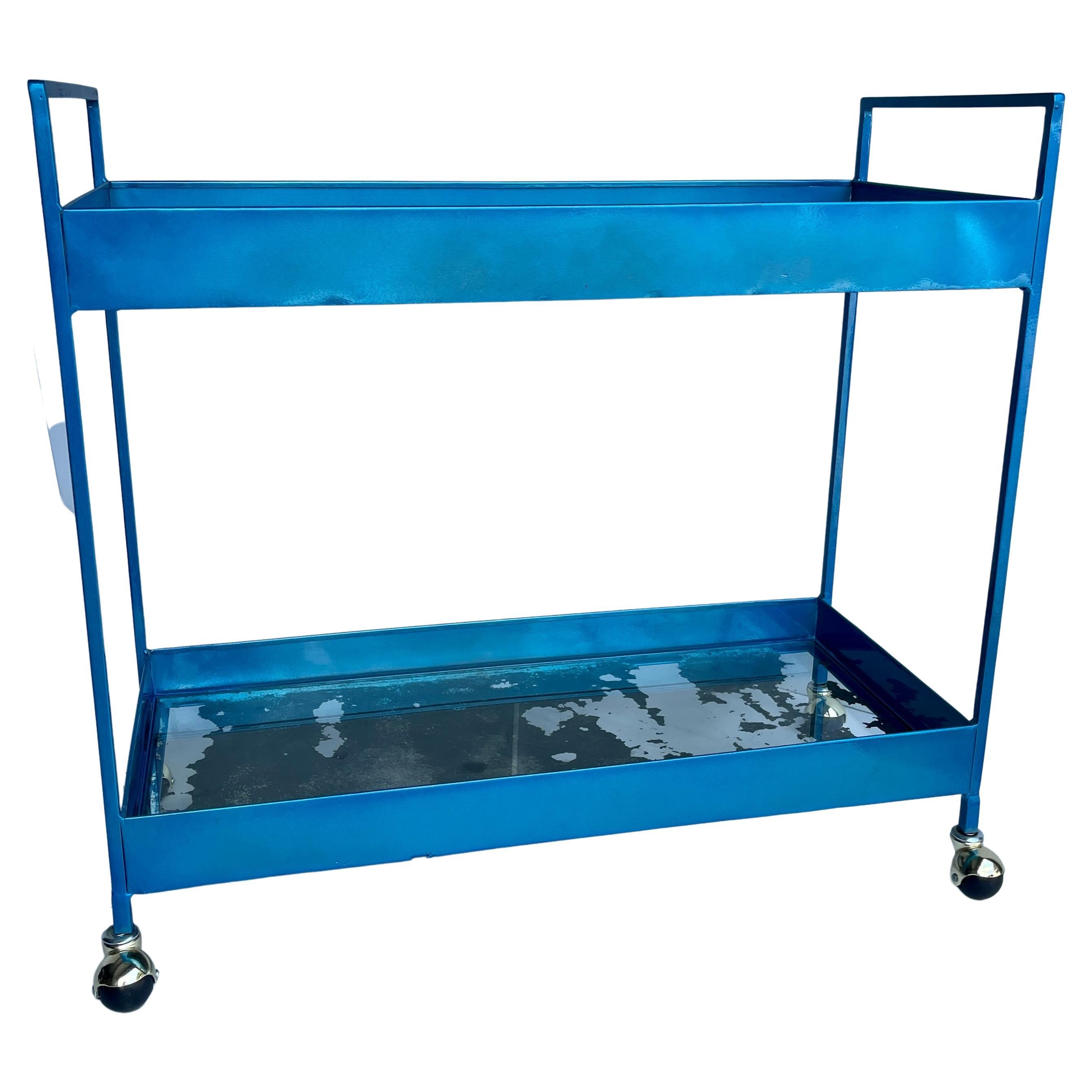 Vintage Narrow Two-tier Maui Blue Bar Cart Trolley, Industrial Style For Sale 2