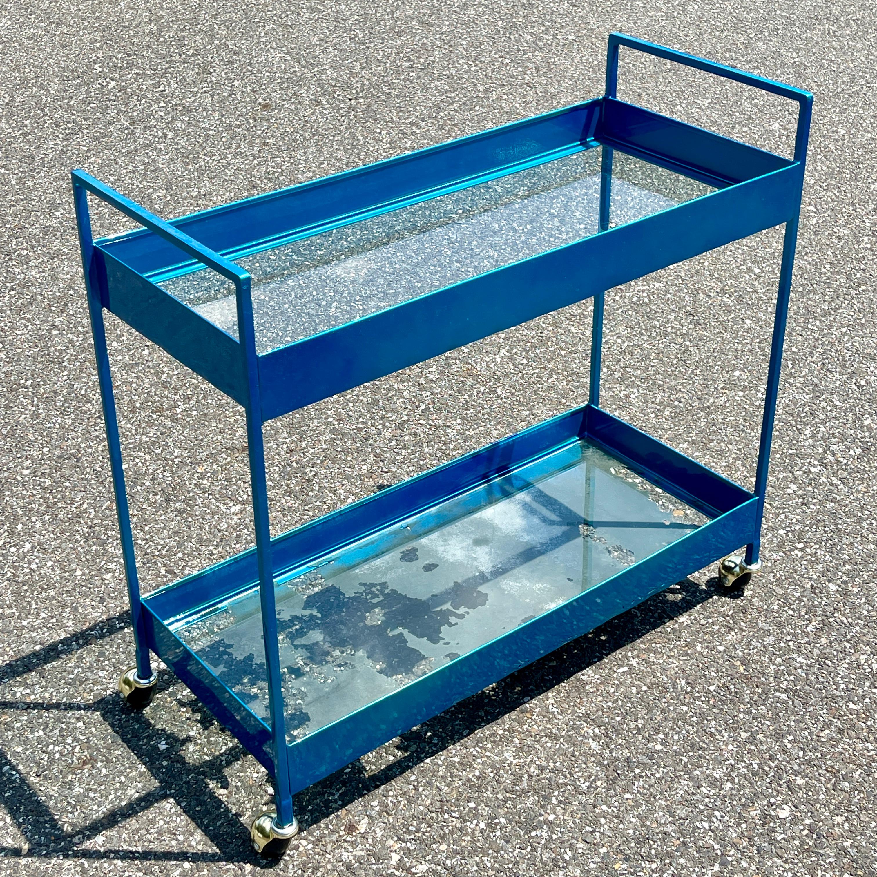 Vintage Narrow Two-tier Maui Blue Bar Cart Trolley, Industrial Style For Sale 6
