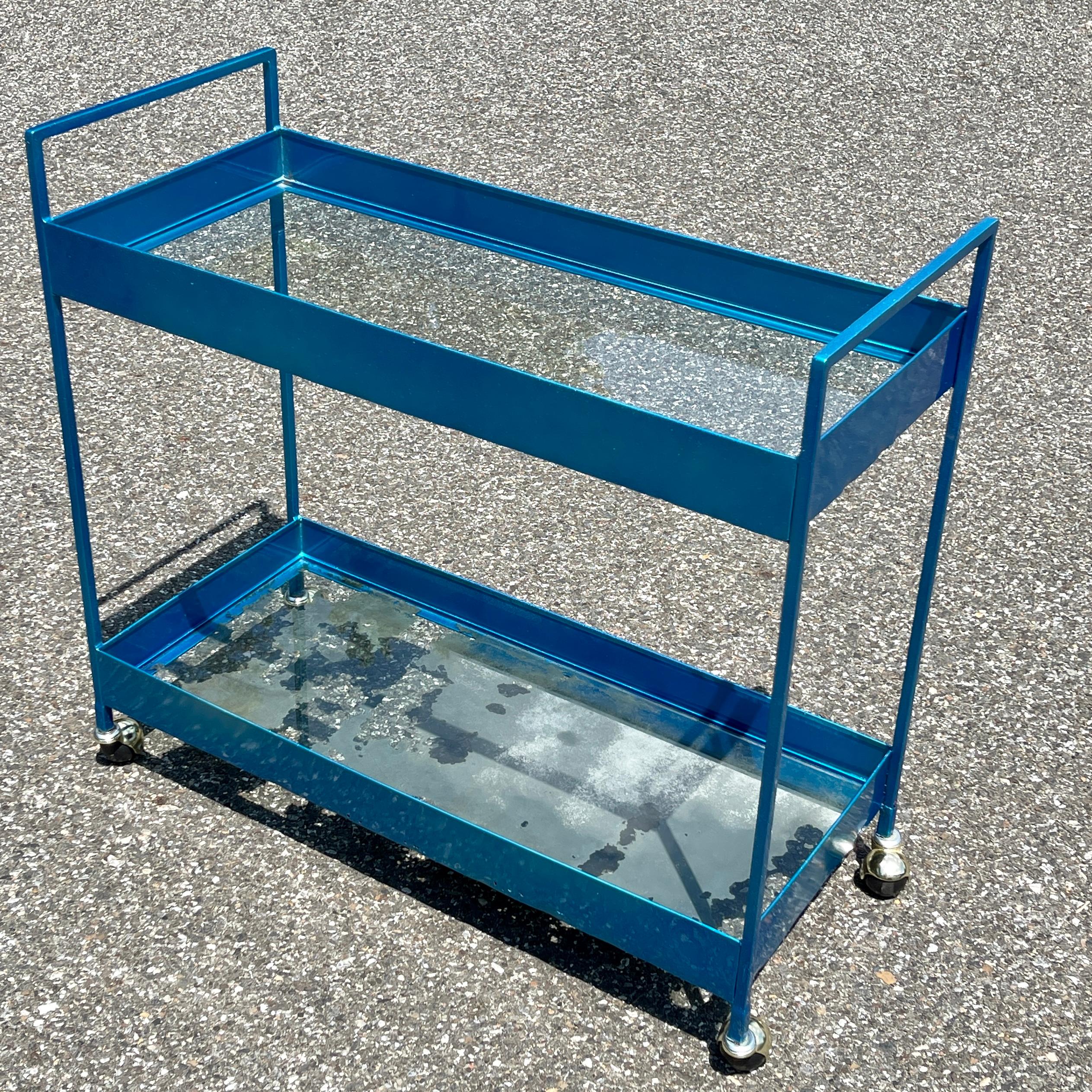 Vintage Narrow Two-tier Maui Blue Bar Cart Trolley, Industrial Style For Sale 7