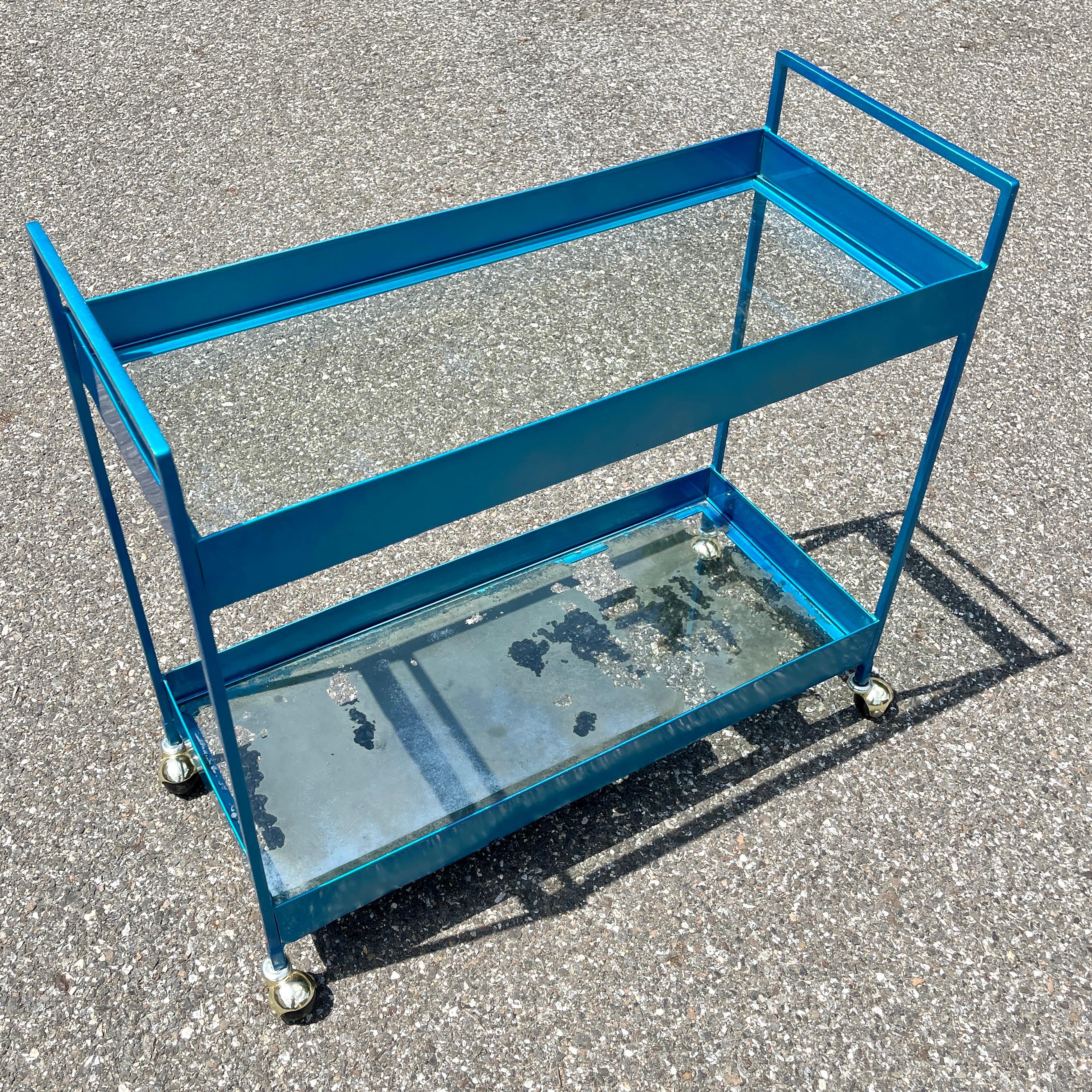 Vintage Narrow Two-tier Maui Blue Bar Cart Trolley, Industrial Style For Sale 9