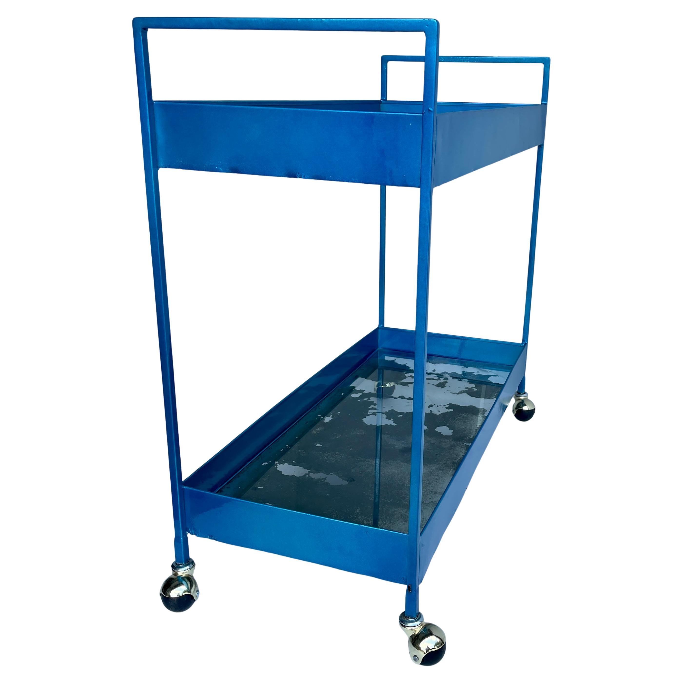 American Vintage Narrow Two-tier Maui Blue Bar Cart Trolley, Industrial Style For Sale