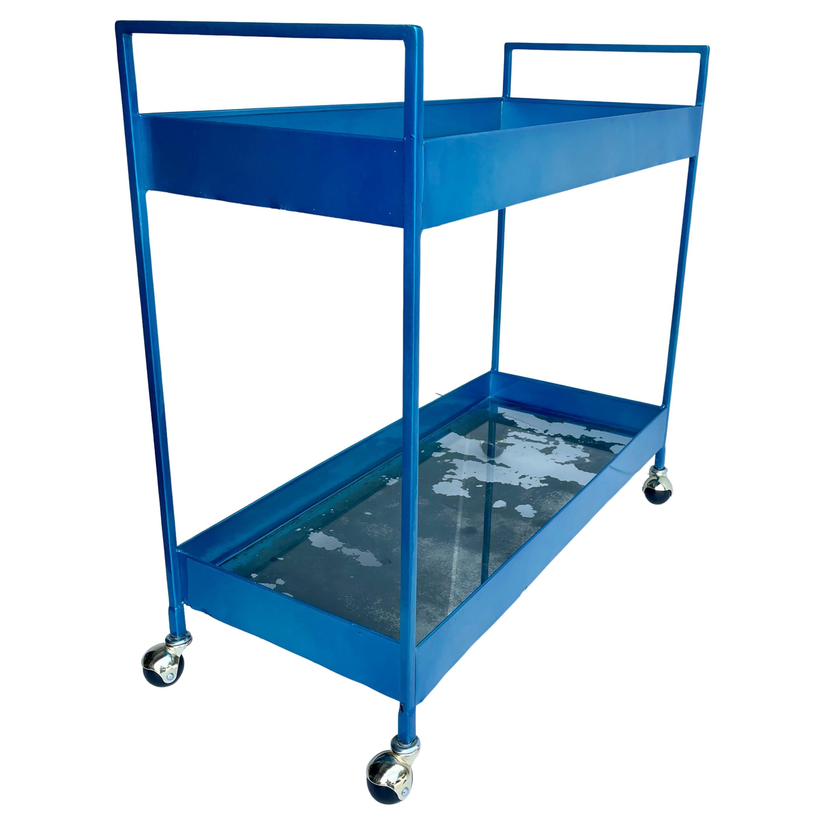Powder-Coated Vintage Narrow Two-tier Maui Blue Bar Cart Trolley, Industrial Style For Sale