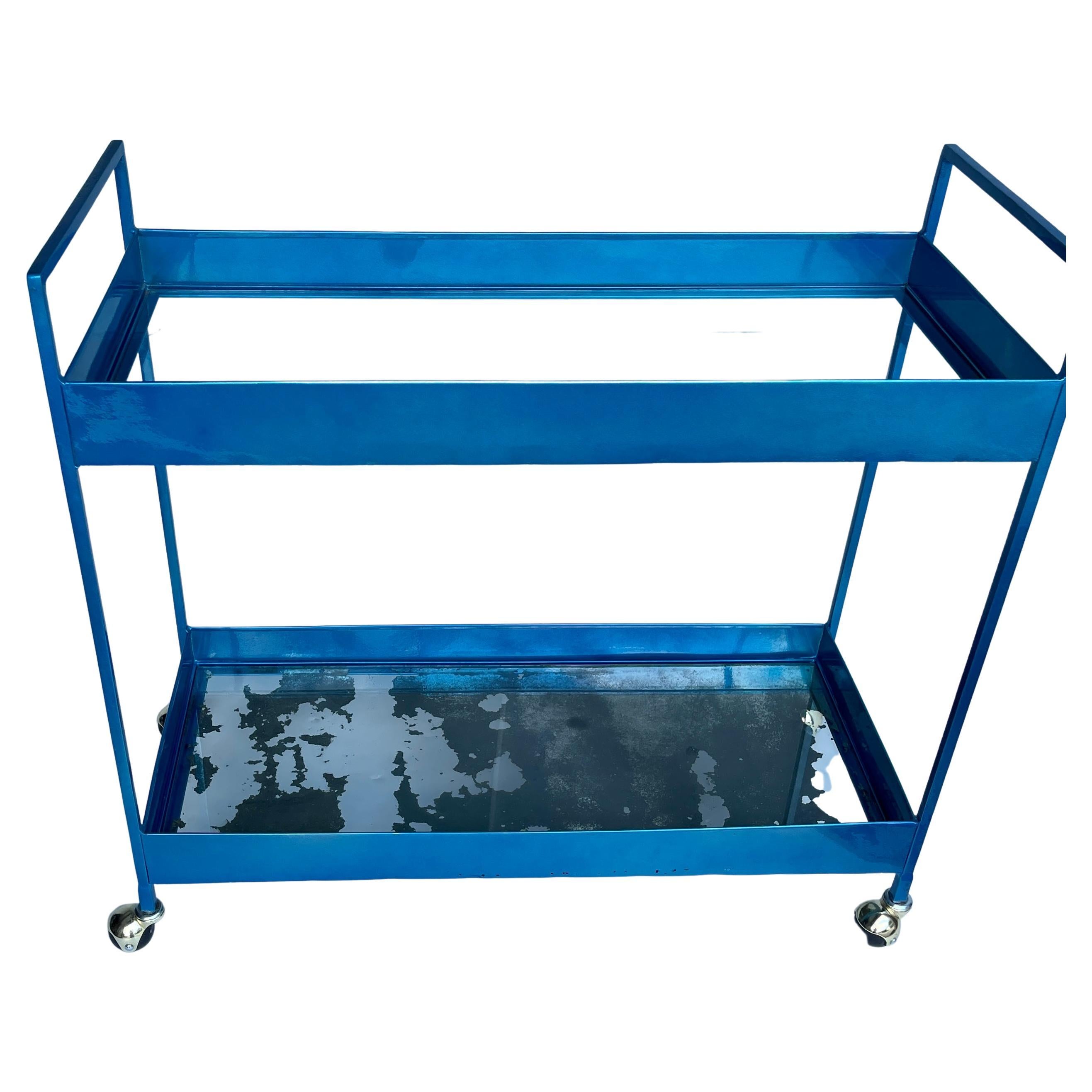 Vintage Narrow Two-tier Maui Blue Bar Cart Trolley, Industrial Style For Sale