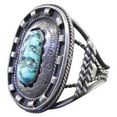 Vintage Native American 925 Sterling Silver and Turquoise Signed Cuff Bracelet