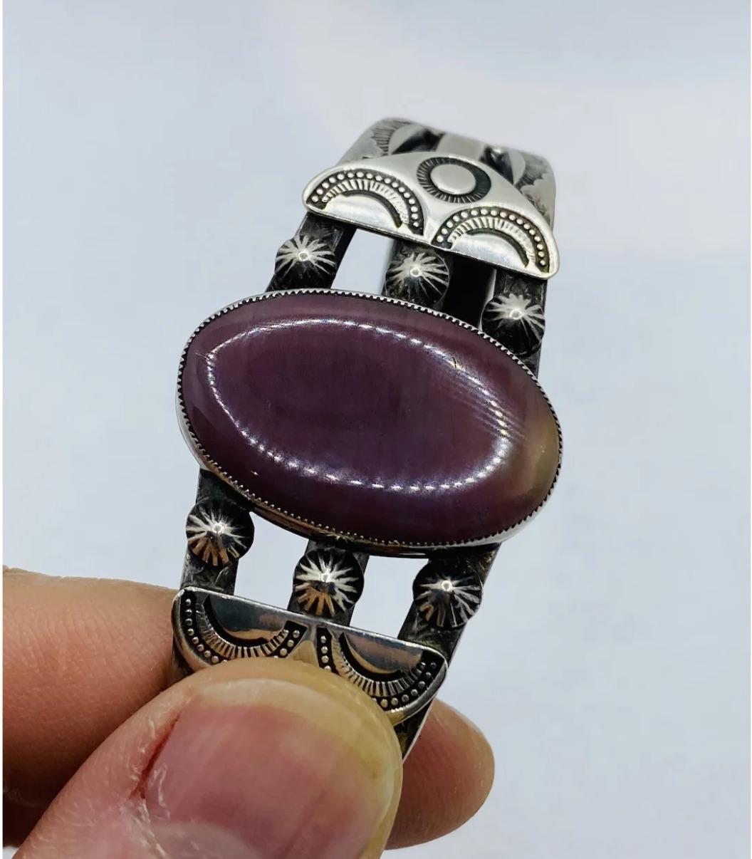 Women's Vintage Native American Bangle Cuff Silver Purple Stone For Sale