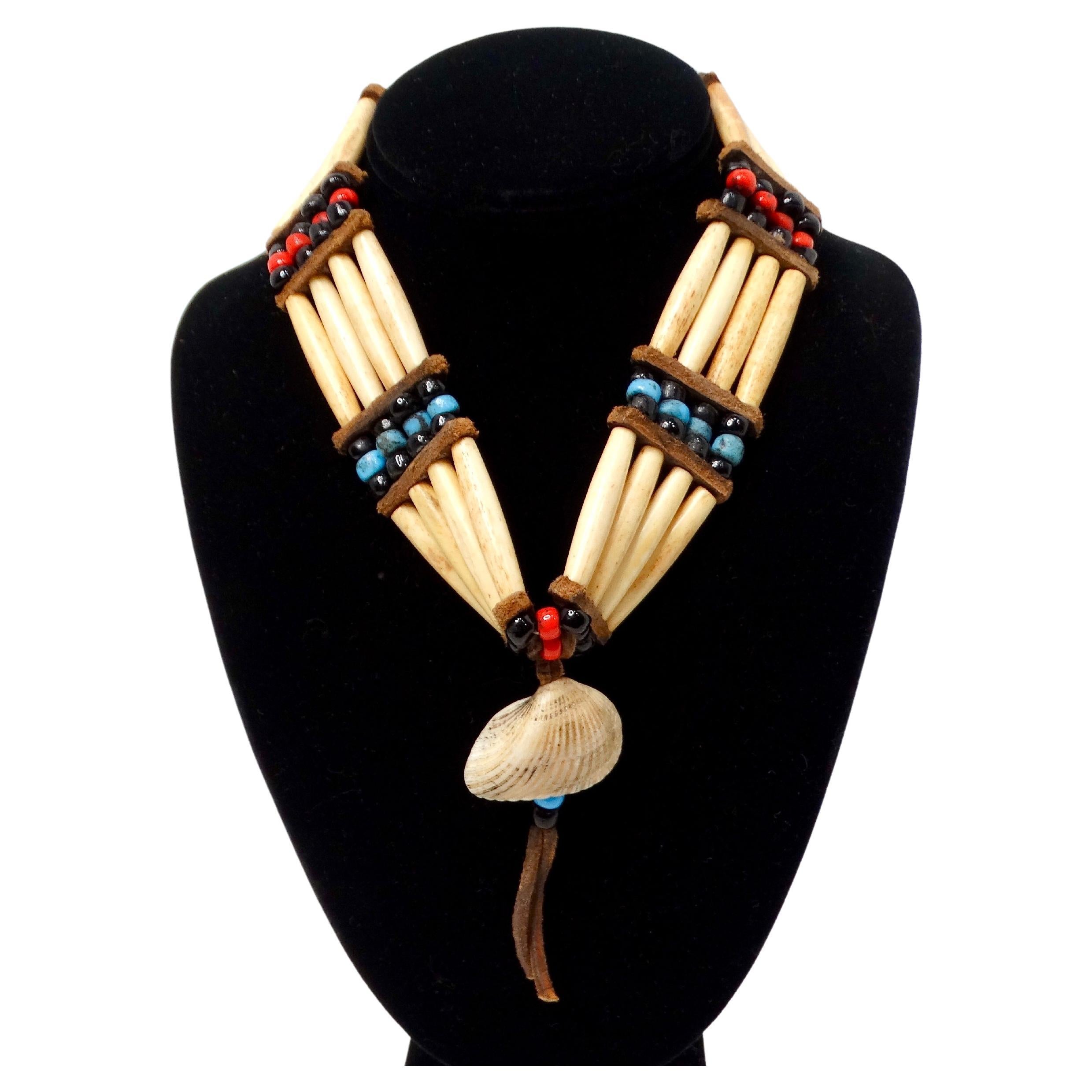 Vintage Native American Buffalo Bone Beaded Row Tie Necklace