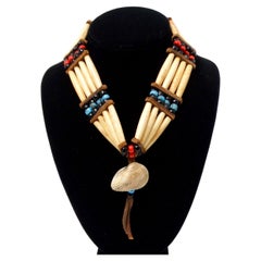 Vintage Native American Buffalo Bone Beaded Row Tie Necklace