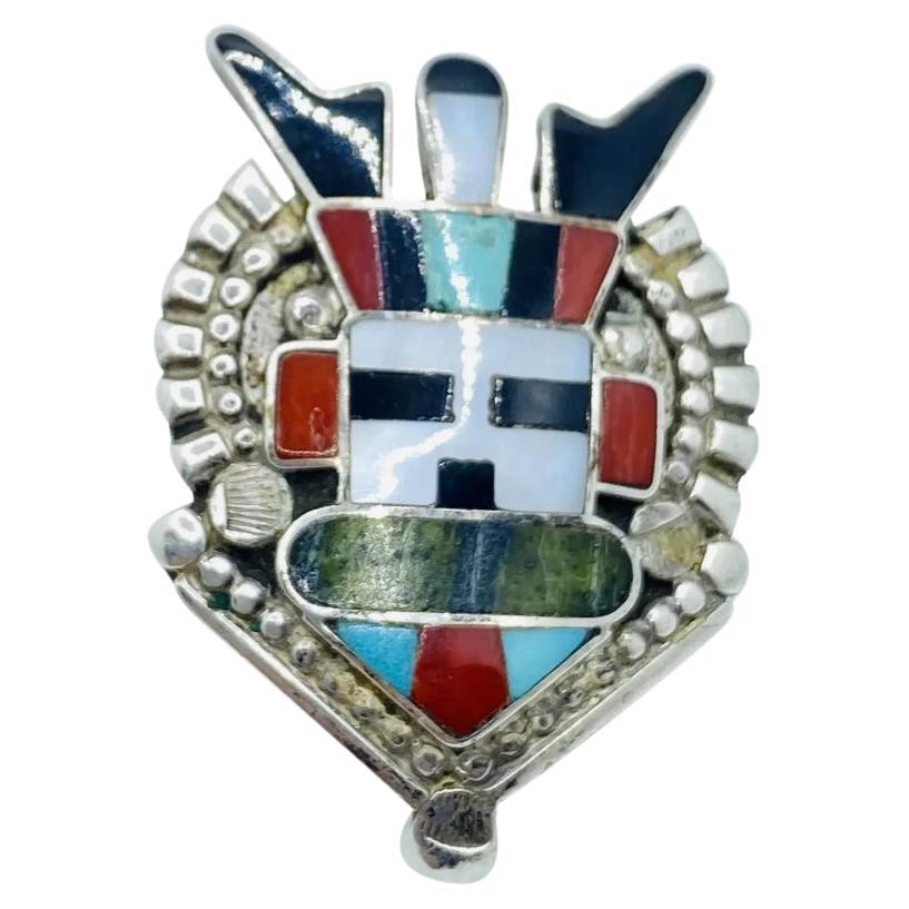 Vintage Native American Chief Ring Zuni Signed Inlay For Sale