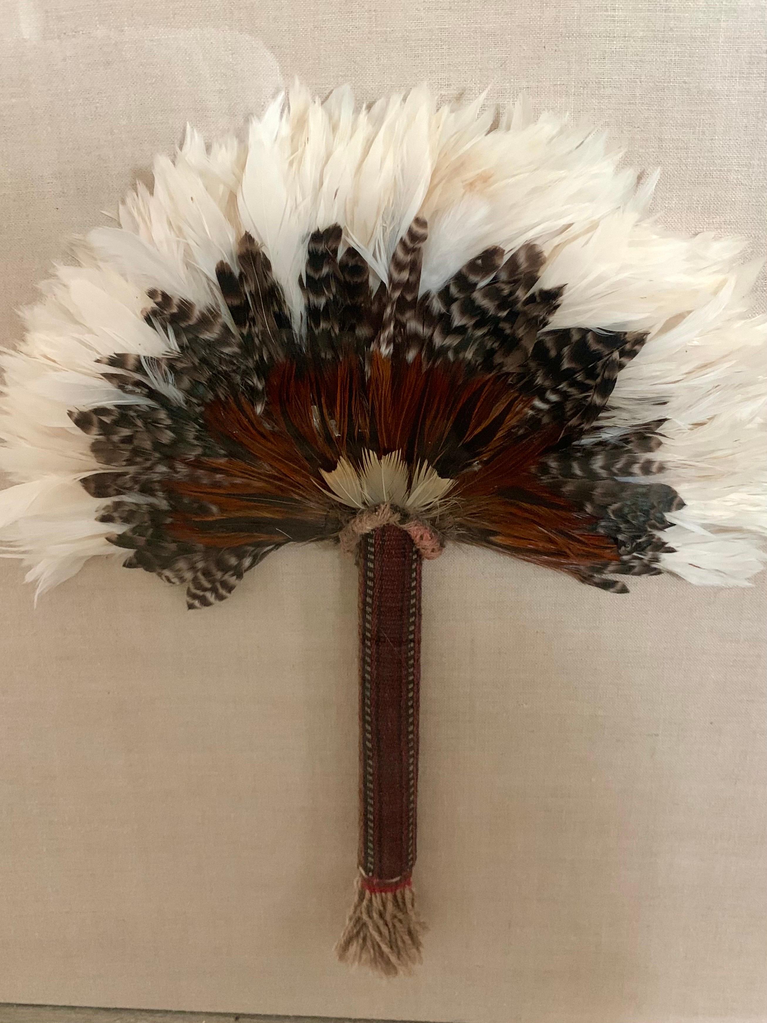 North American Vintage Native American Feather and Woven Fans Mounted in Lucite, a Pair