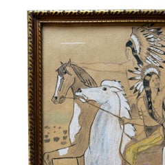 Dessin au crayon de couleur représentant une scène vintage d'Amérindiens à cheval, dans un cadre doré