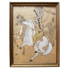 Dessin au crayon de couleur représentant une scène vintage d'Amérindiens à cheval, dans un cadre doré