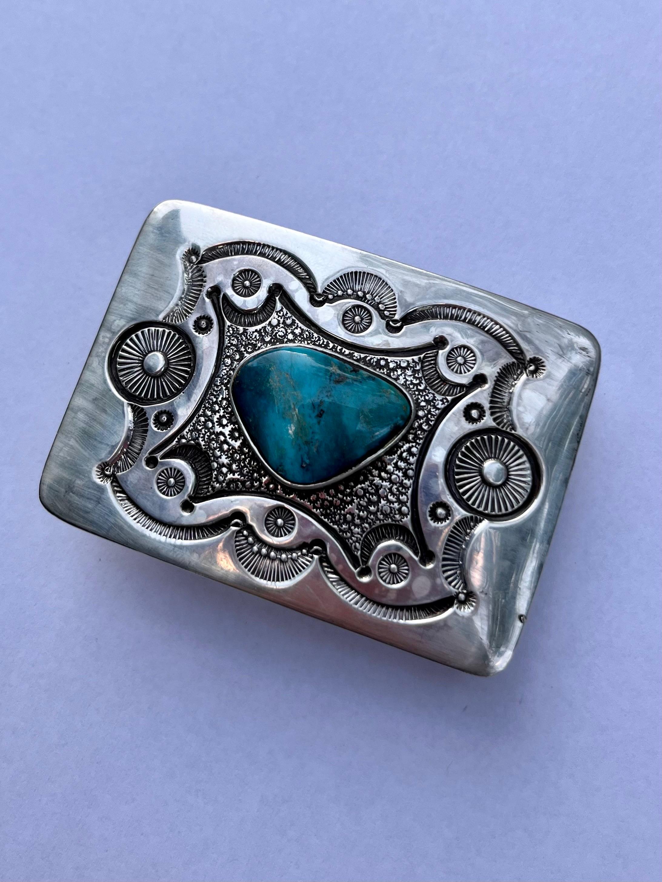 Vintage Native American Indian Sterling Turquoise Belt Buckle by Art Tafoya In Good Condition For Sale In Greenport, NY