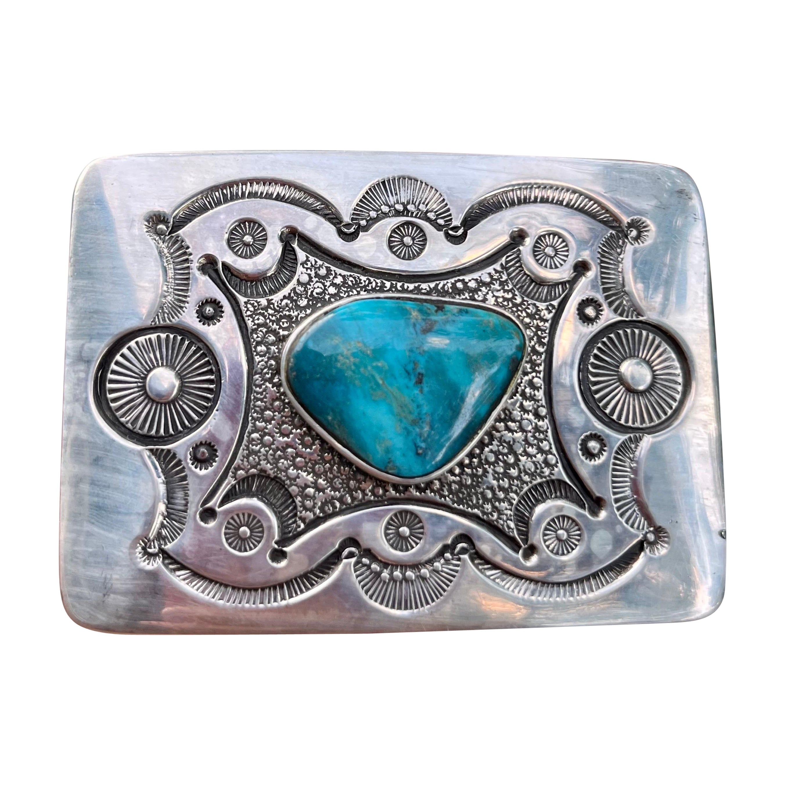 Vintage Native American Indian Sterling Turquoise Belt Buckle by Art Tafoya