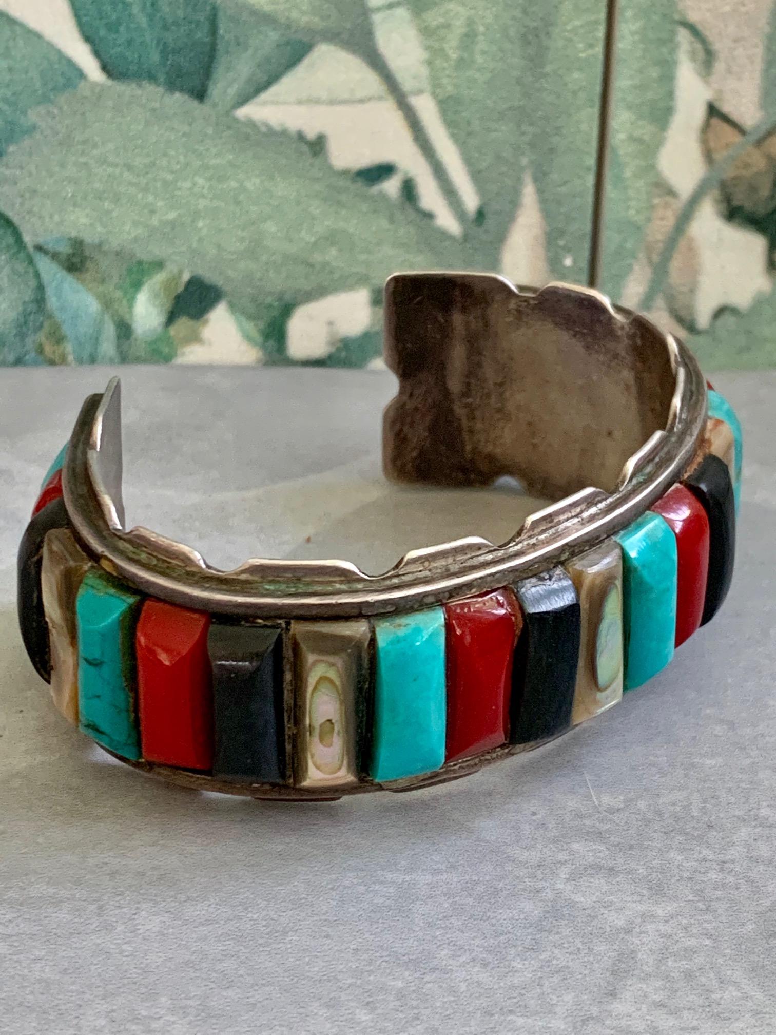 Vintage Native American Inlaid Multi-Stone Sterling Silver Cuff Bracelet 2