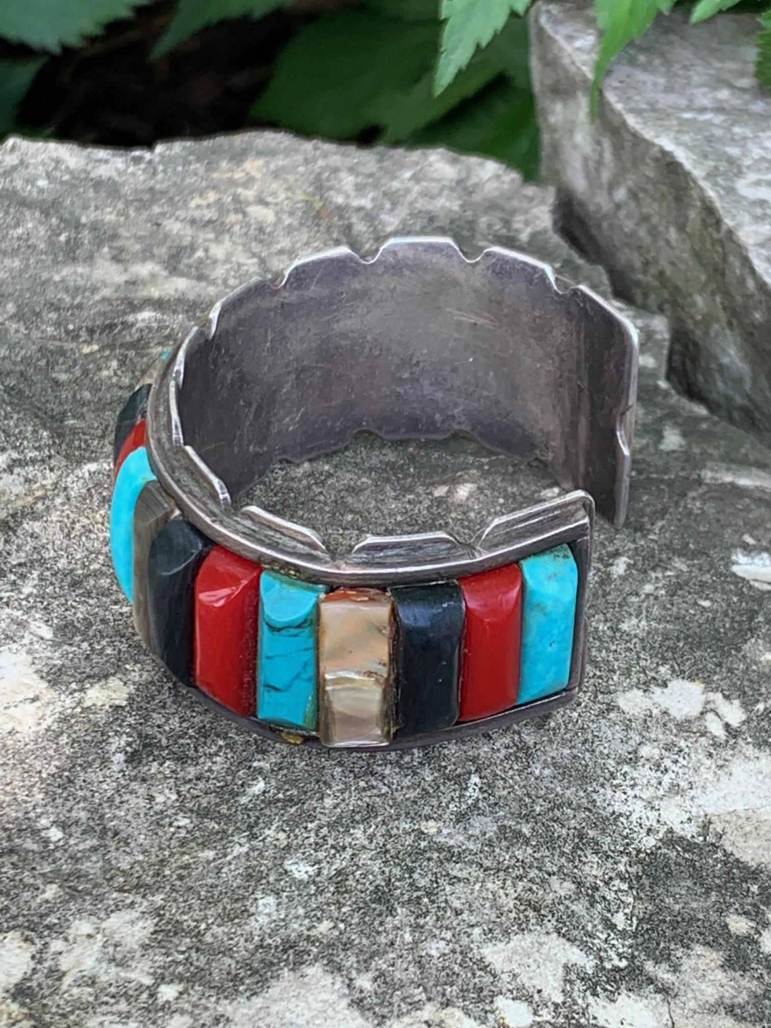 Vintage Native American Inlaid Multi-Stone Sterling Silver Cuff Bracelet In Good Condition In St. Louis Park, MN