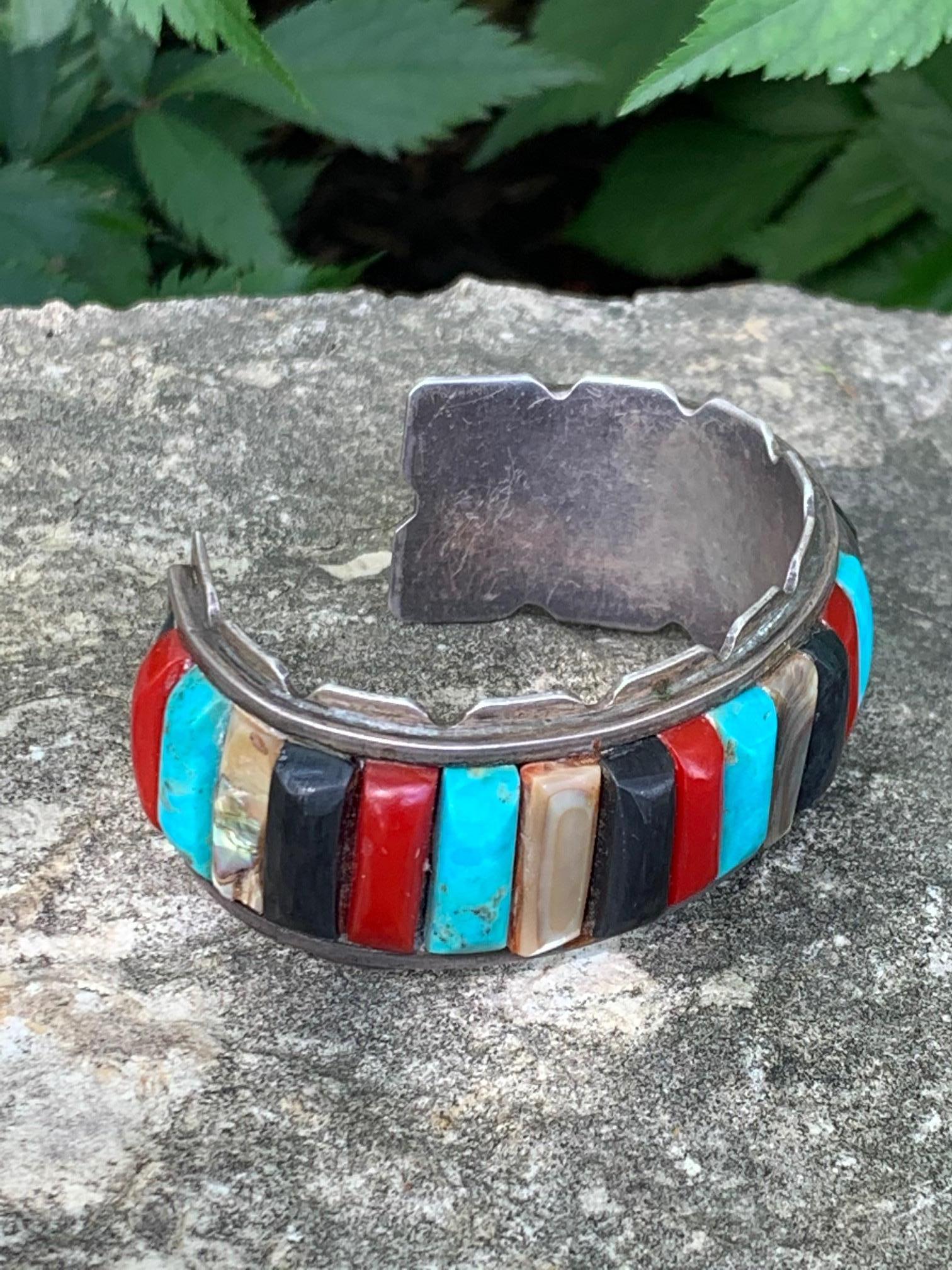 Women's or Men's Vintage Native American Inlaid Multi-Stone Sterling Silver Cuff Bracelet