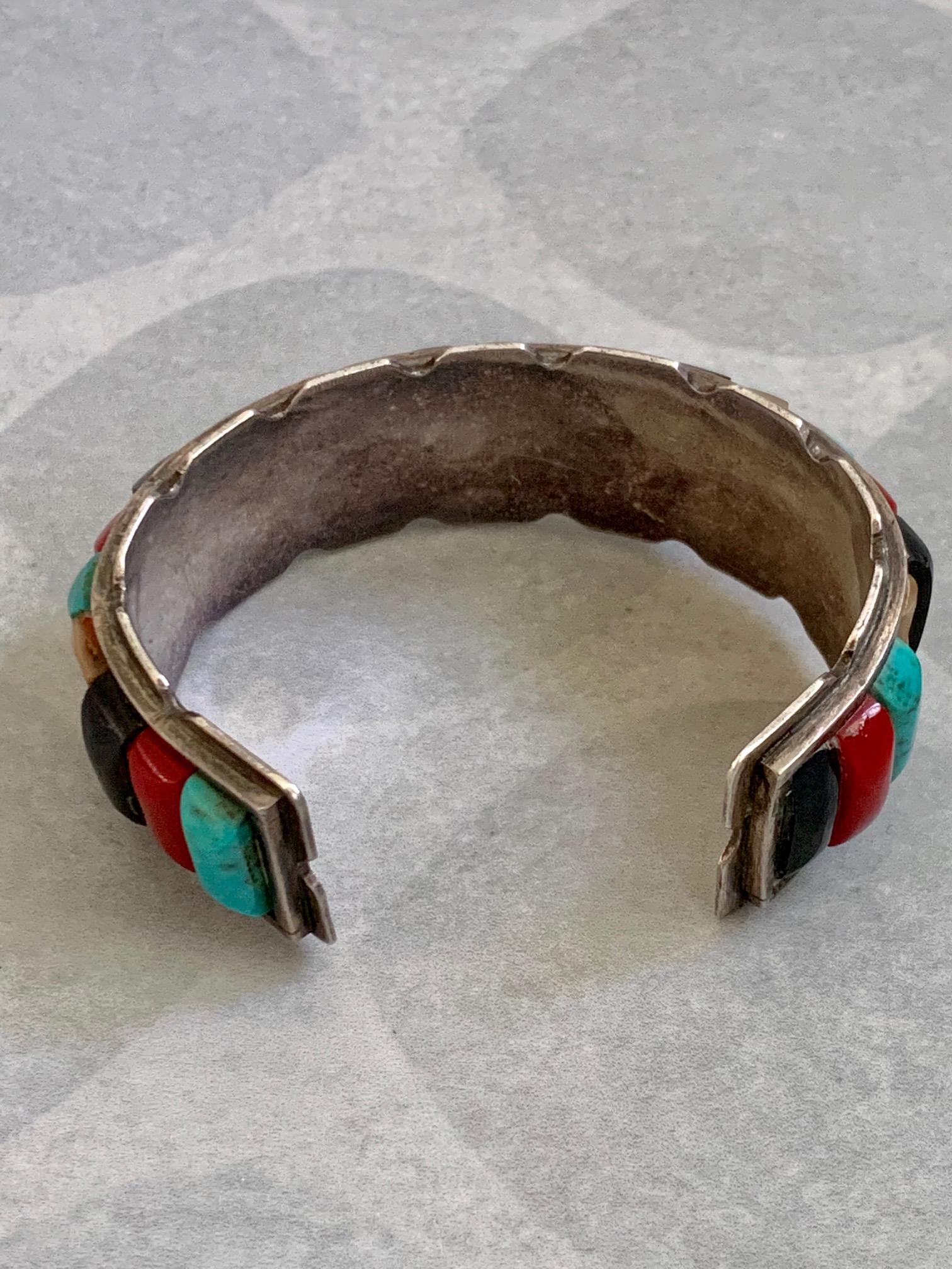 Vintage Native American Inlaid Multi-Stone Sterling Silver Cuff Bracelet 1