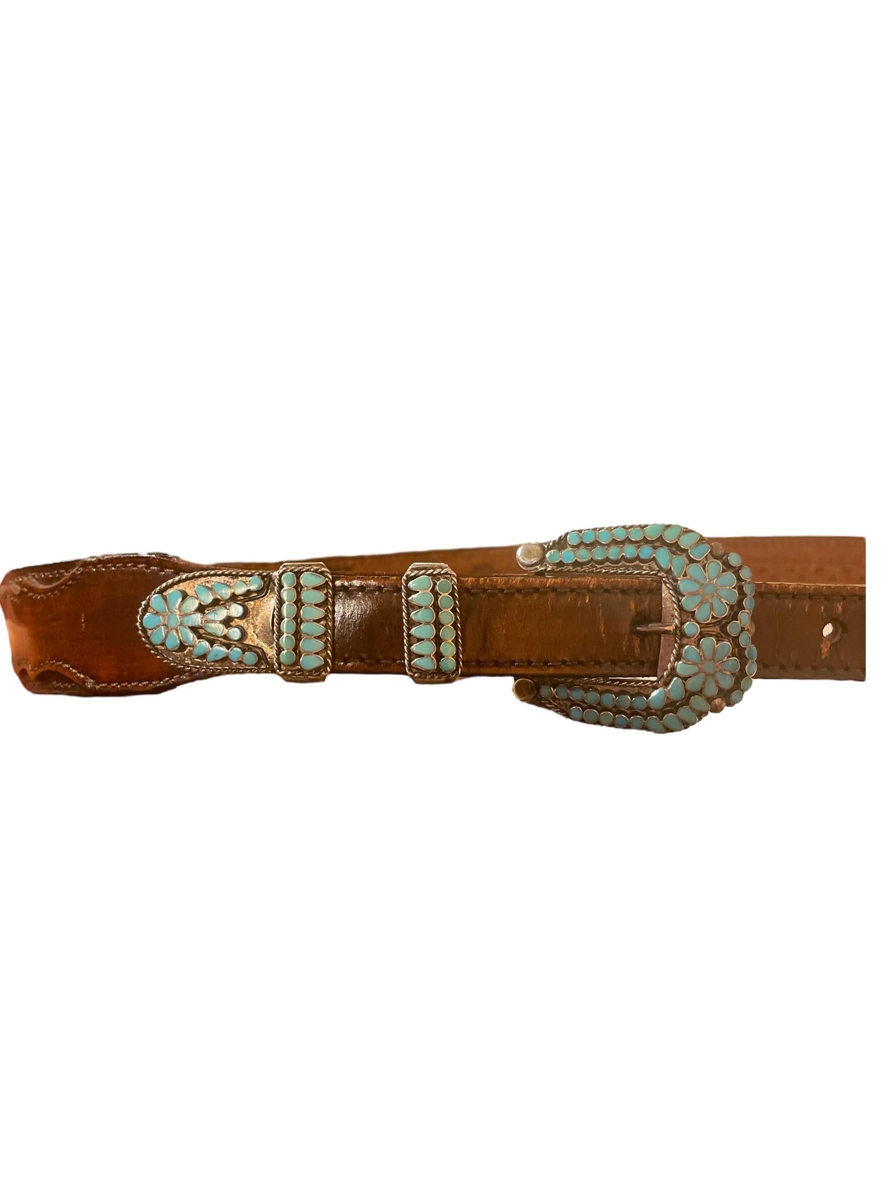 Vintage Native American Inlaid Turquoise, Silver & Hand-tooled Leather Belt 2