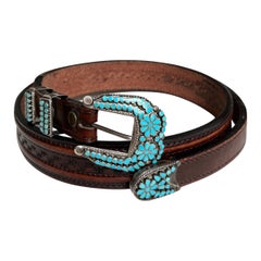 Vintage Native American Inlaid Turquoise, Silver & Hand-tooled Leather Belt