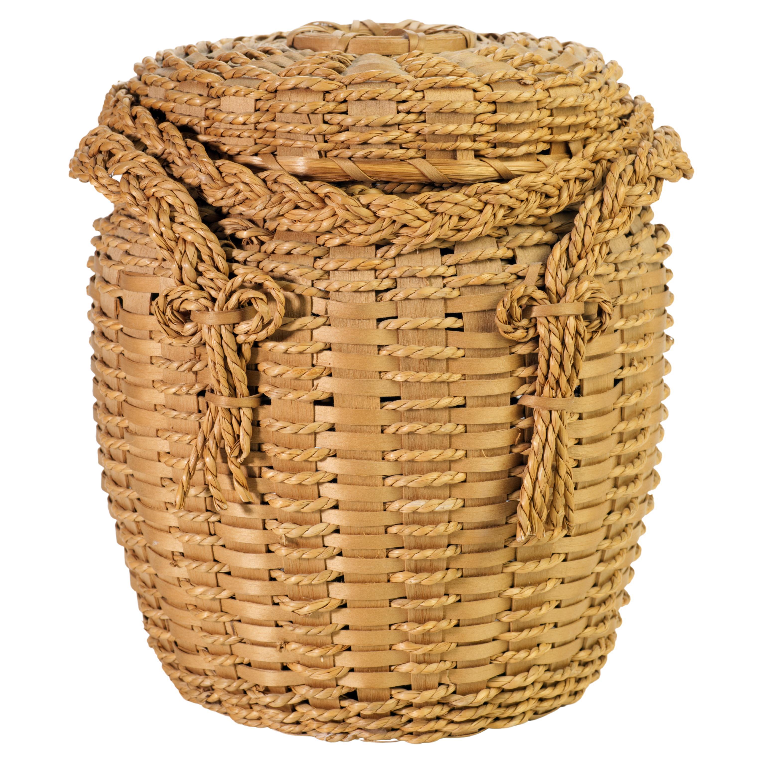 Panier à couture amérindien vintage avec couvercle et poignées, régimeno Adirondack