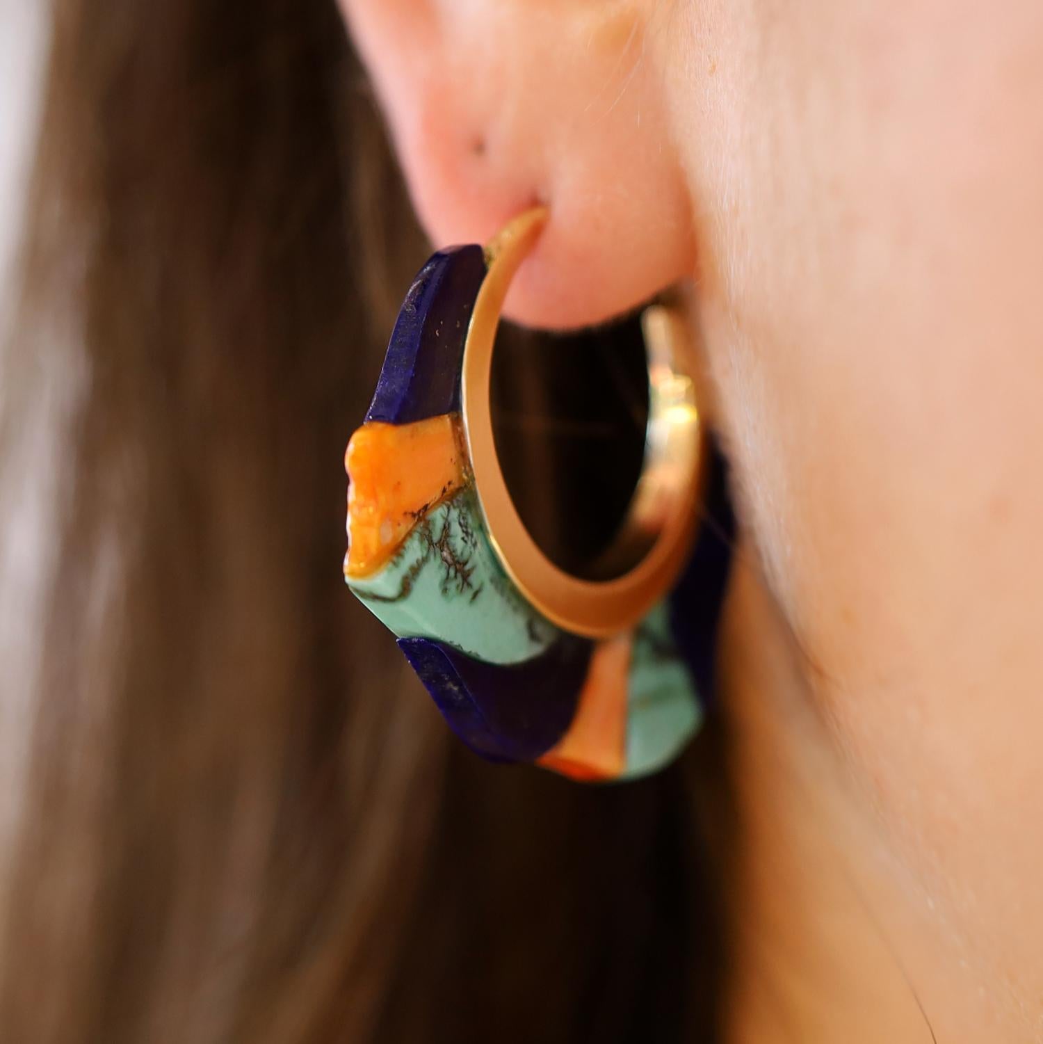 Pendientes vintage de aro de Lapislázuli, Turquesa y Ostra Espinosa de los Nativos Americanos Retro en venta