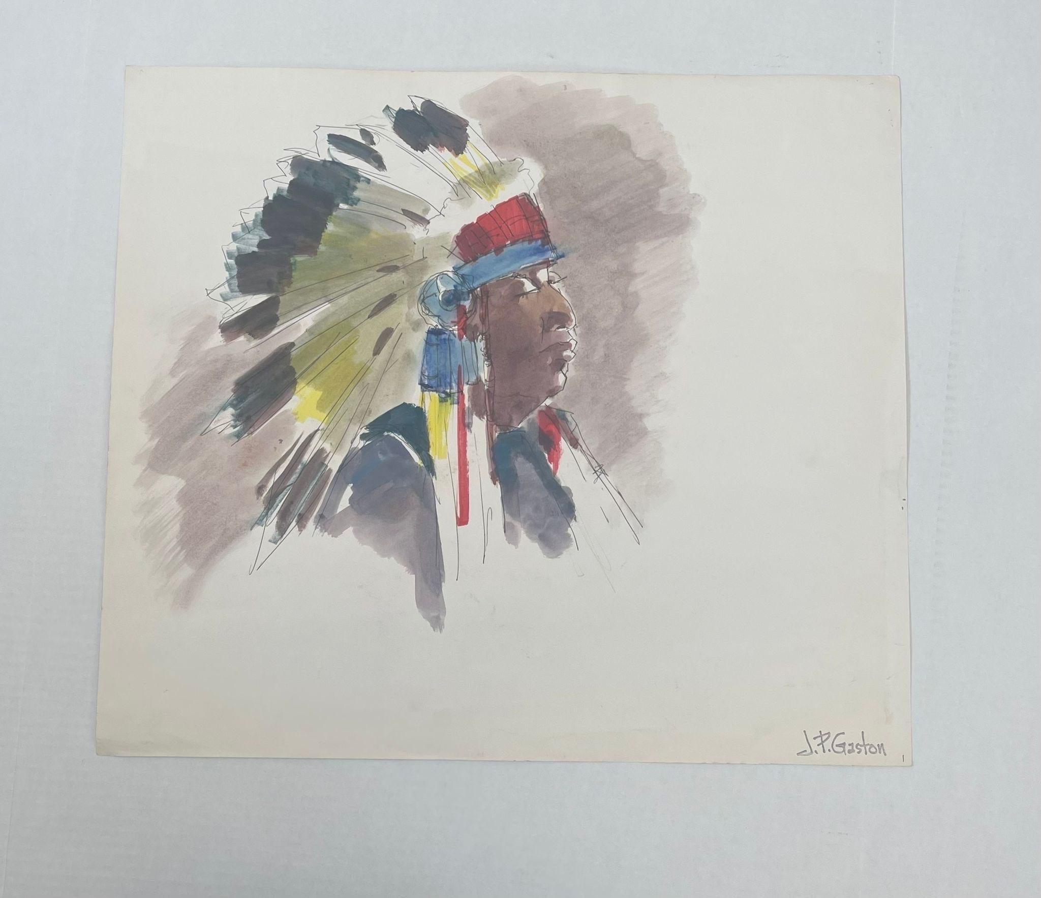 Abstract Portrait of a Native American Man wearing a Traditional Headdress. Possibly Watercolor and Pastel on Paper. Signed JP Gaston as Pictured. Vintage Condition Consistent with Age.

Dimensions. 23 W ; 20 H