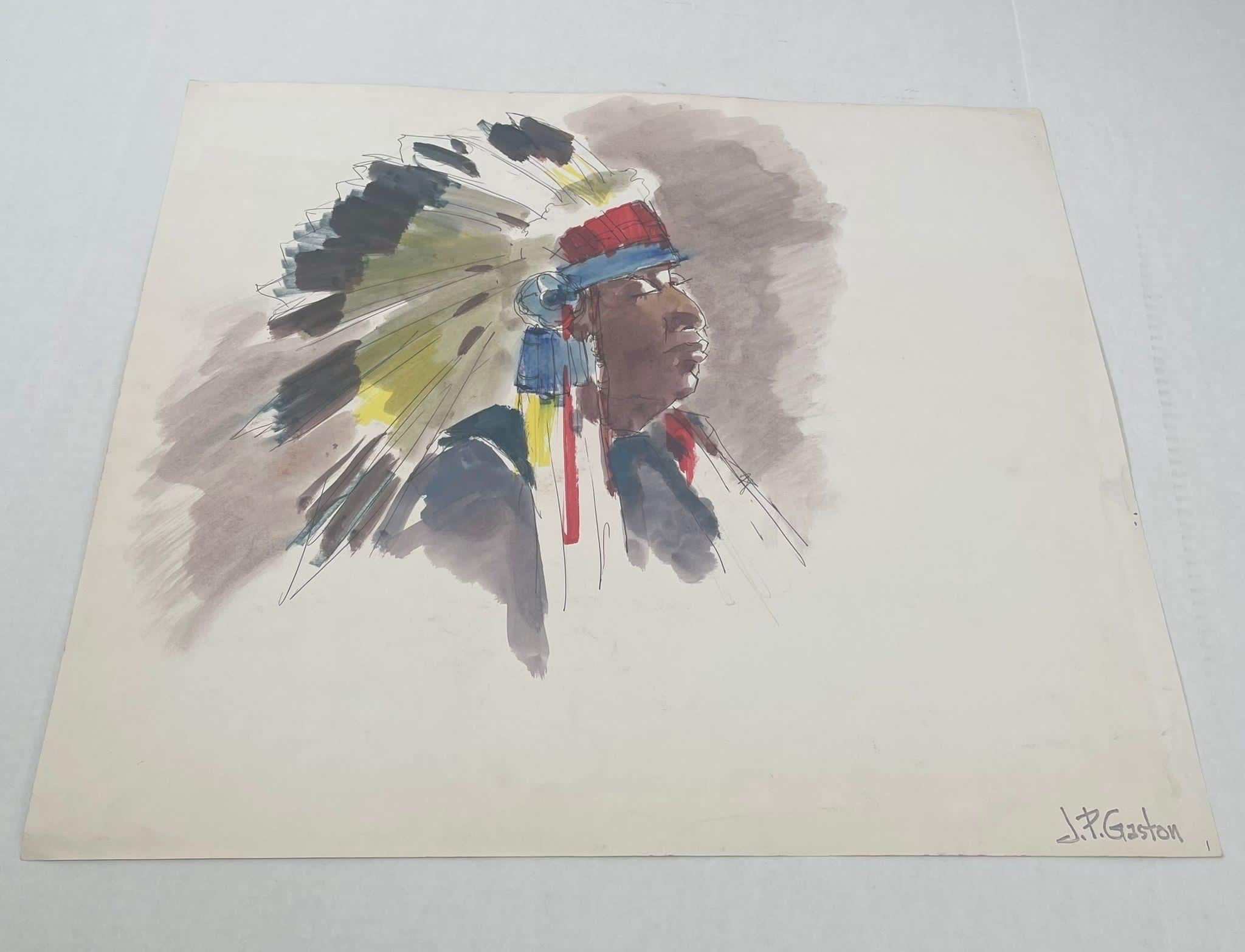 Mid-Century Modern Vintage Native American Male Portrait on Paper. For Sale