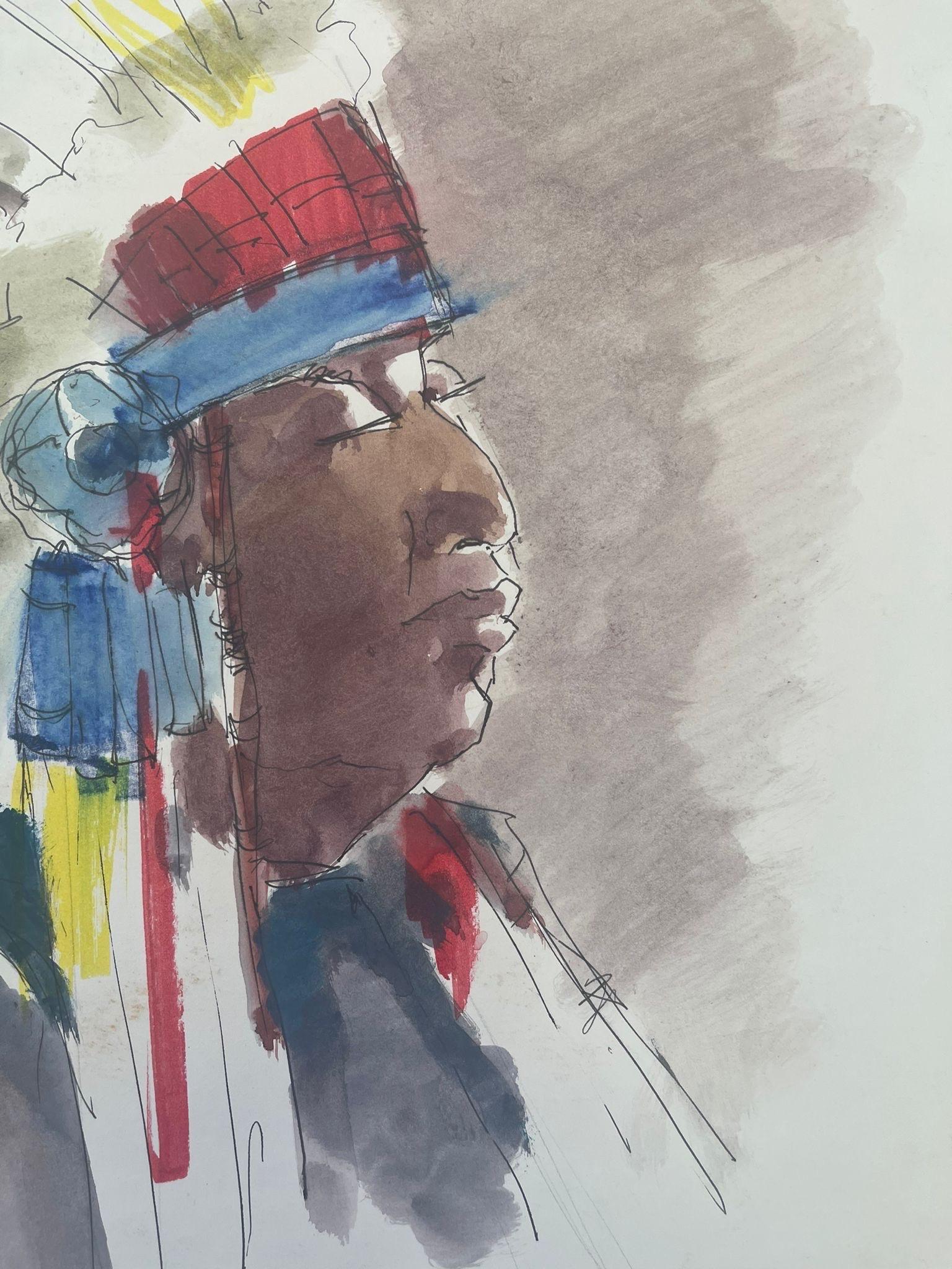 Late 20th Century Vintage Native American Male Portrait on Paper. For Sale