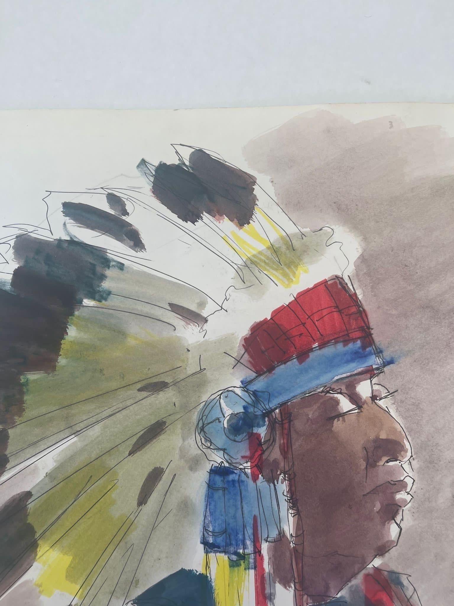 Vintage Native American Male Portrait on Paper. For Sale 1