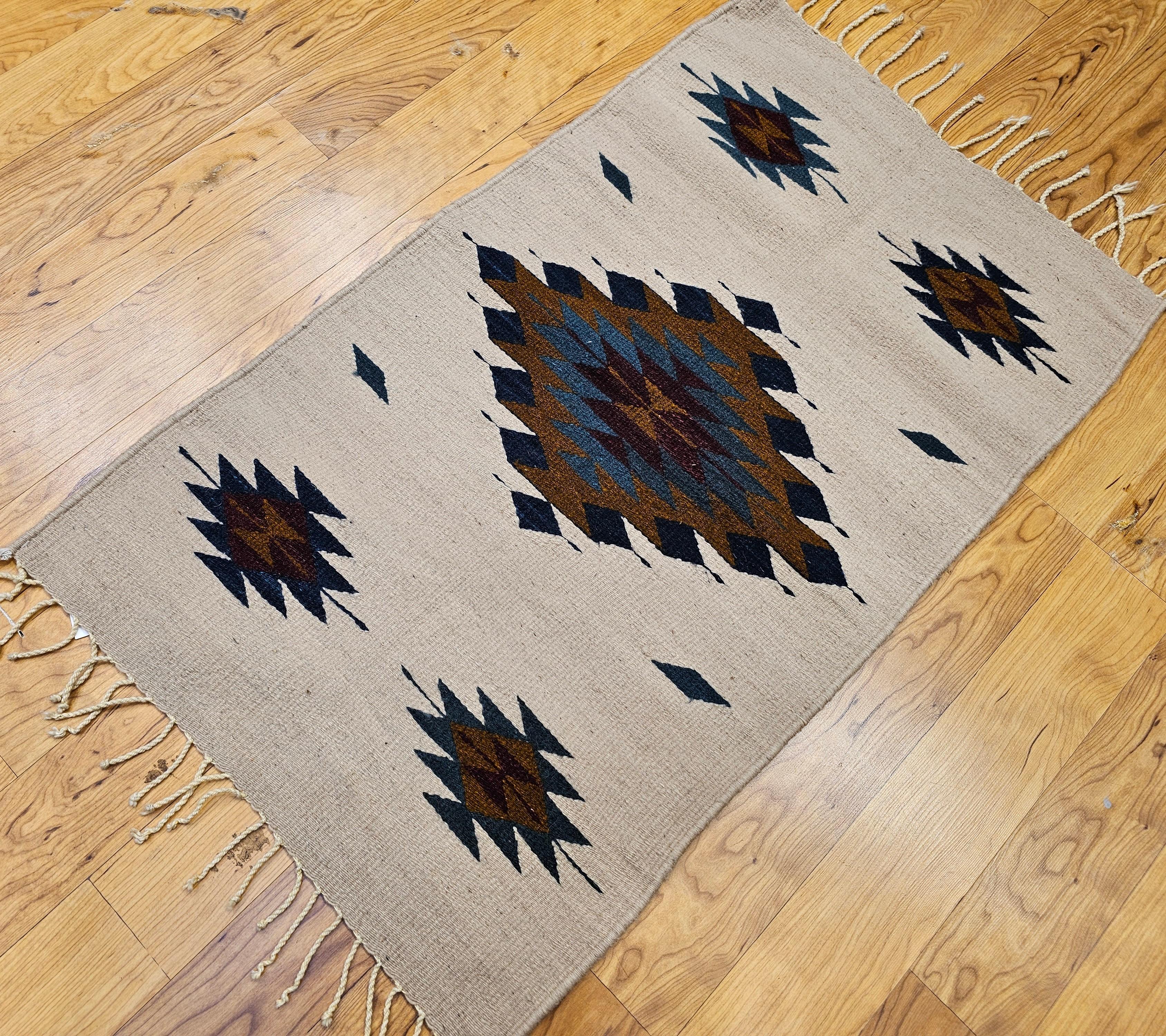 Vintage Native American Navajo Area Rug in Ivory, Blue, Burgundy & Brown For Sale 4