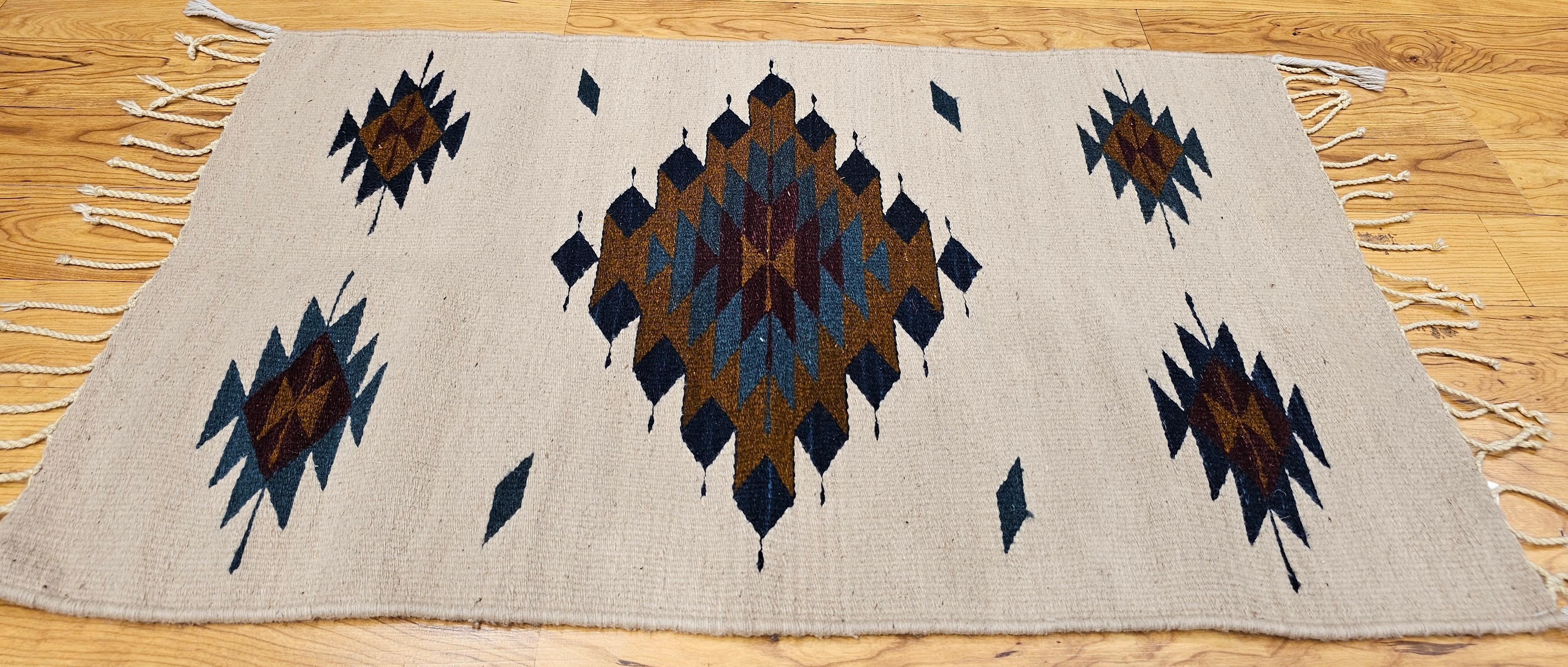 Vintage Native American Navajo Area Rug in Ivory, Blue, Burgundy & Brown For Sale 5