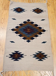 Vintage Native American Navajo Area Rug in Ivory, Blue, Burgundy & Brown