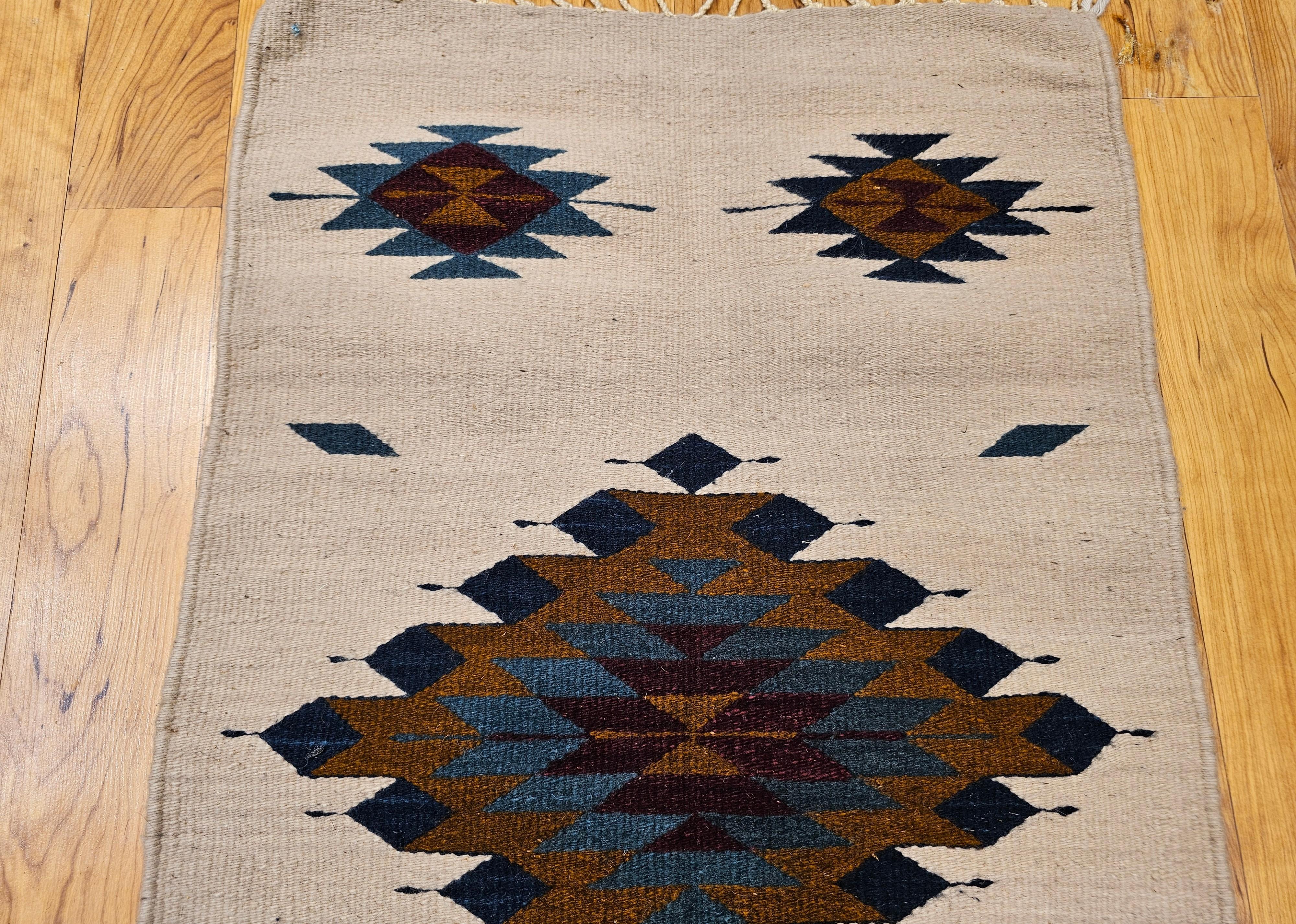 Hand-Woven Vintage Native American Navajo Area Rug in Ivory, Blue, Burgundy & Brown For Sale