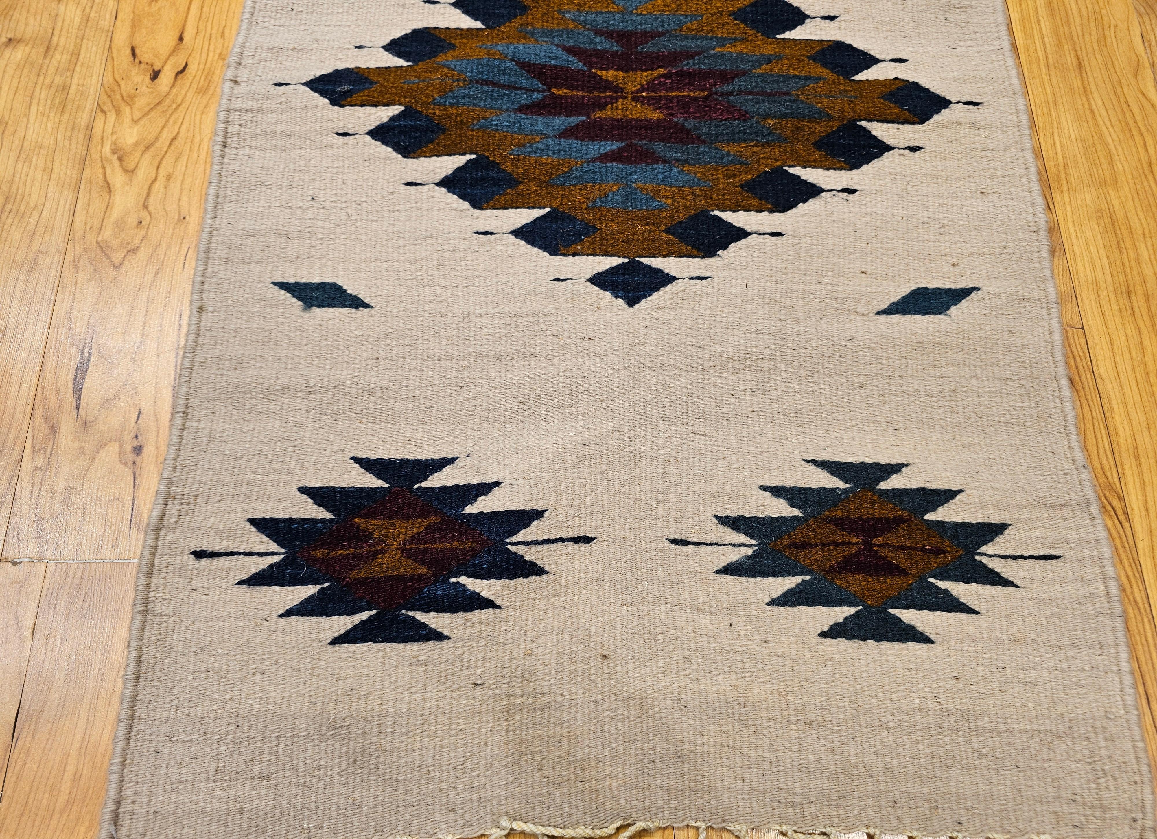 20th Century Vintage Native American Navajo Area Rug in Ivory, Blue, Burgundy & Brown For Sale