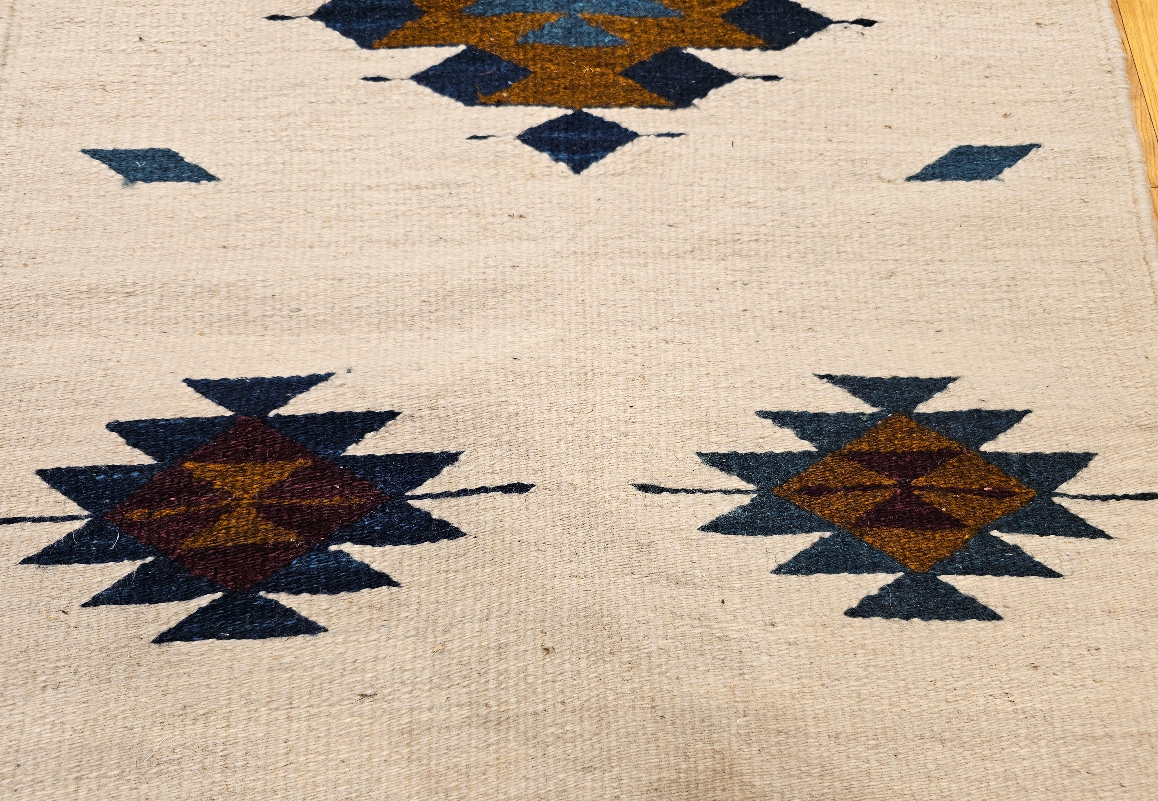 Wool Vintage Native American Navajo Area Rug in Ivory, Blue, Burgundy & Brown For Sale