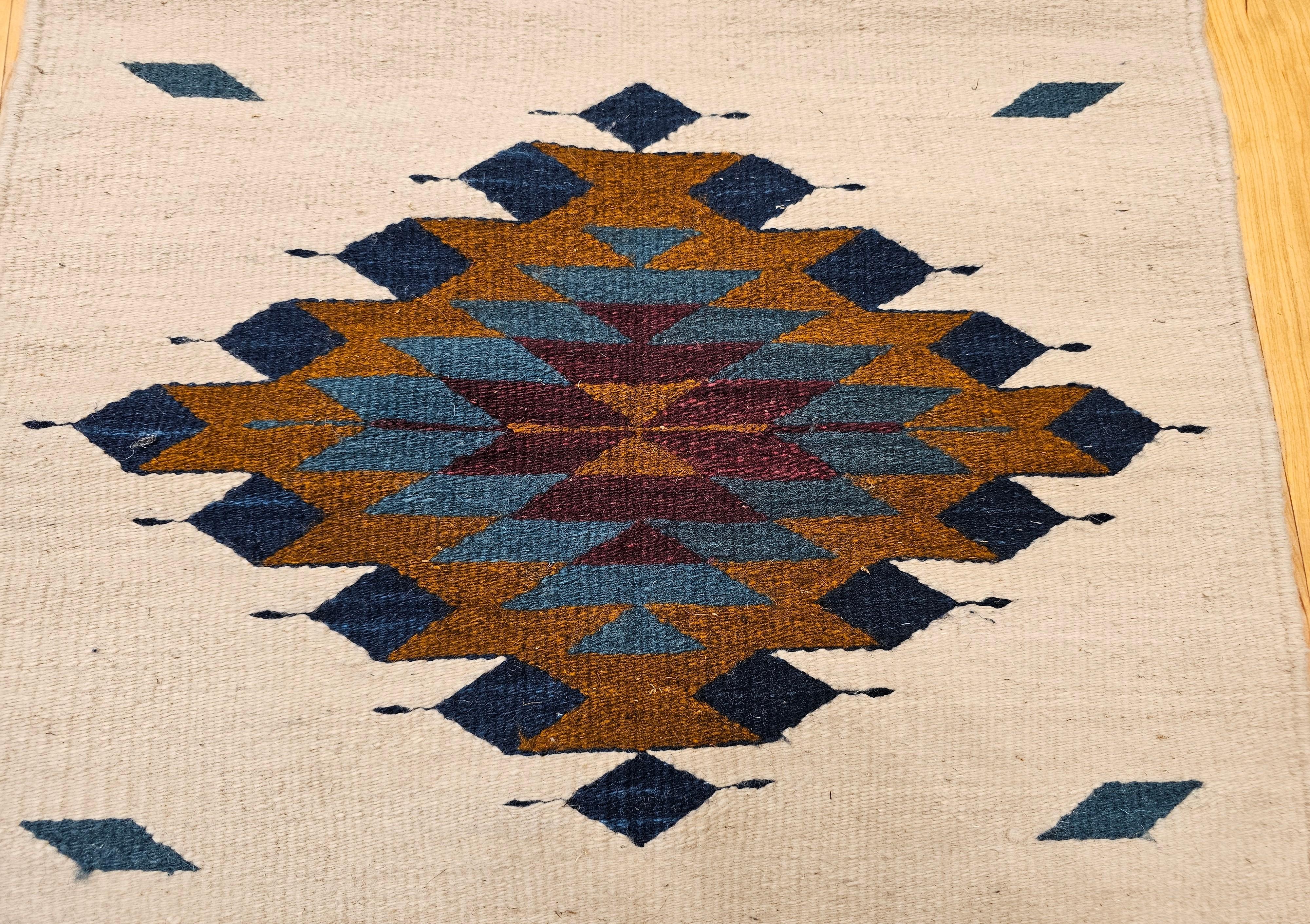 Vintage Native American Navajo Area Rug in Ivory, Blue, Burgundy & Brown For Sale 1