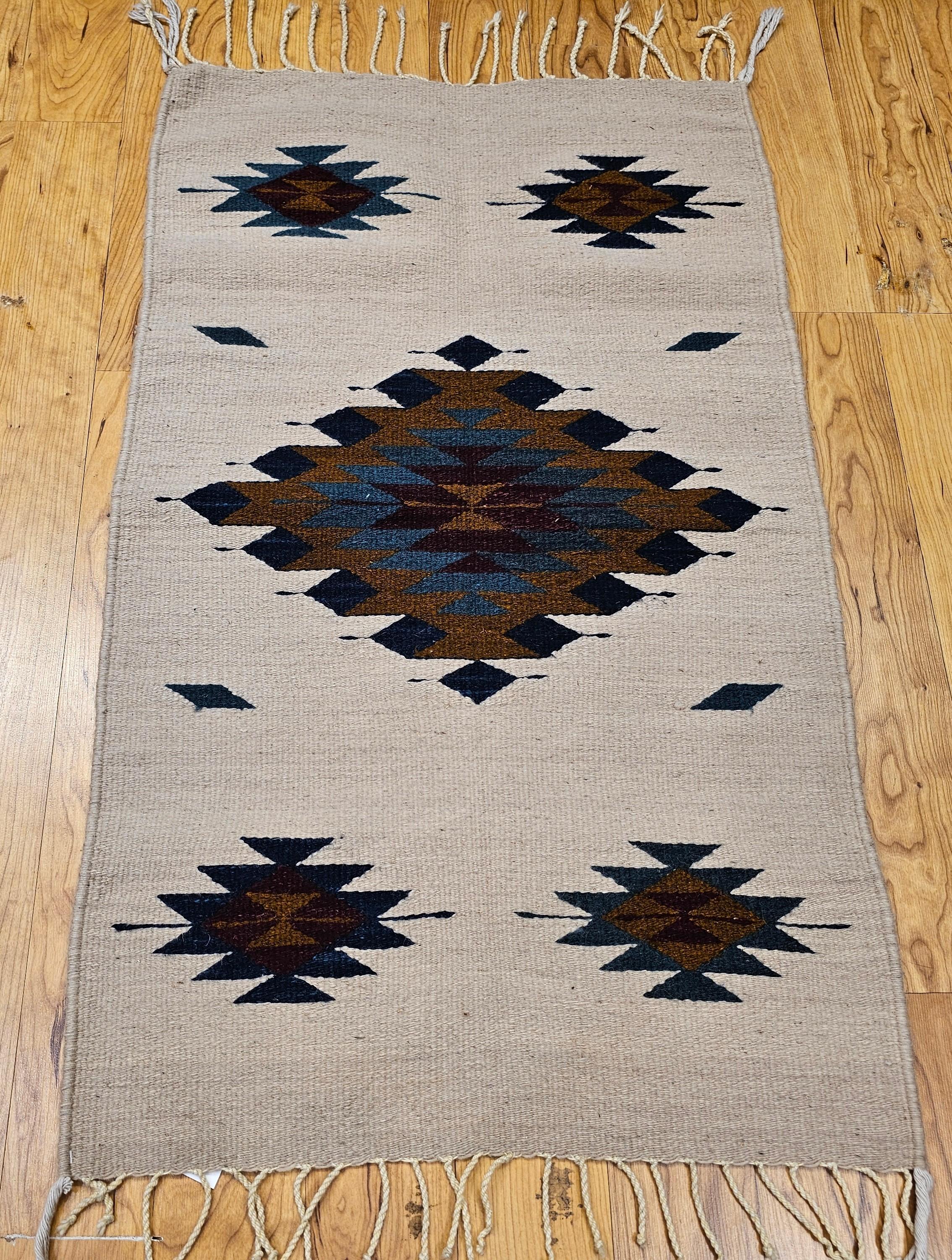 Vintage Native American Navajo Area Rug in Ivory, Blue, Burgundy & Brown For Sale 2