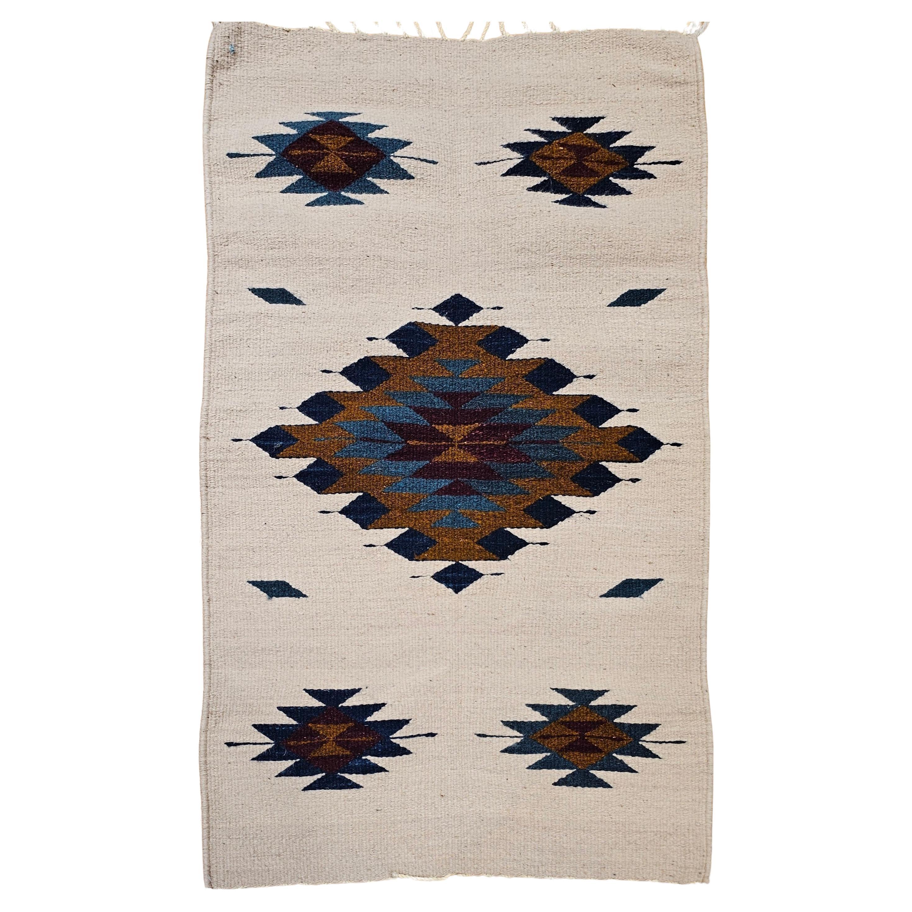 Vintage Native American Navajo Area Rug in Ivory, Blue, Burgundy & Brown