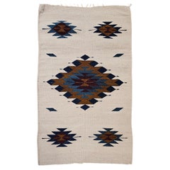 Vintage Native American Navajo Area Rug in Ivory, Blue, Burgundy & Brown