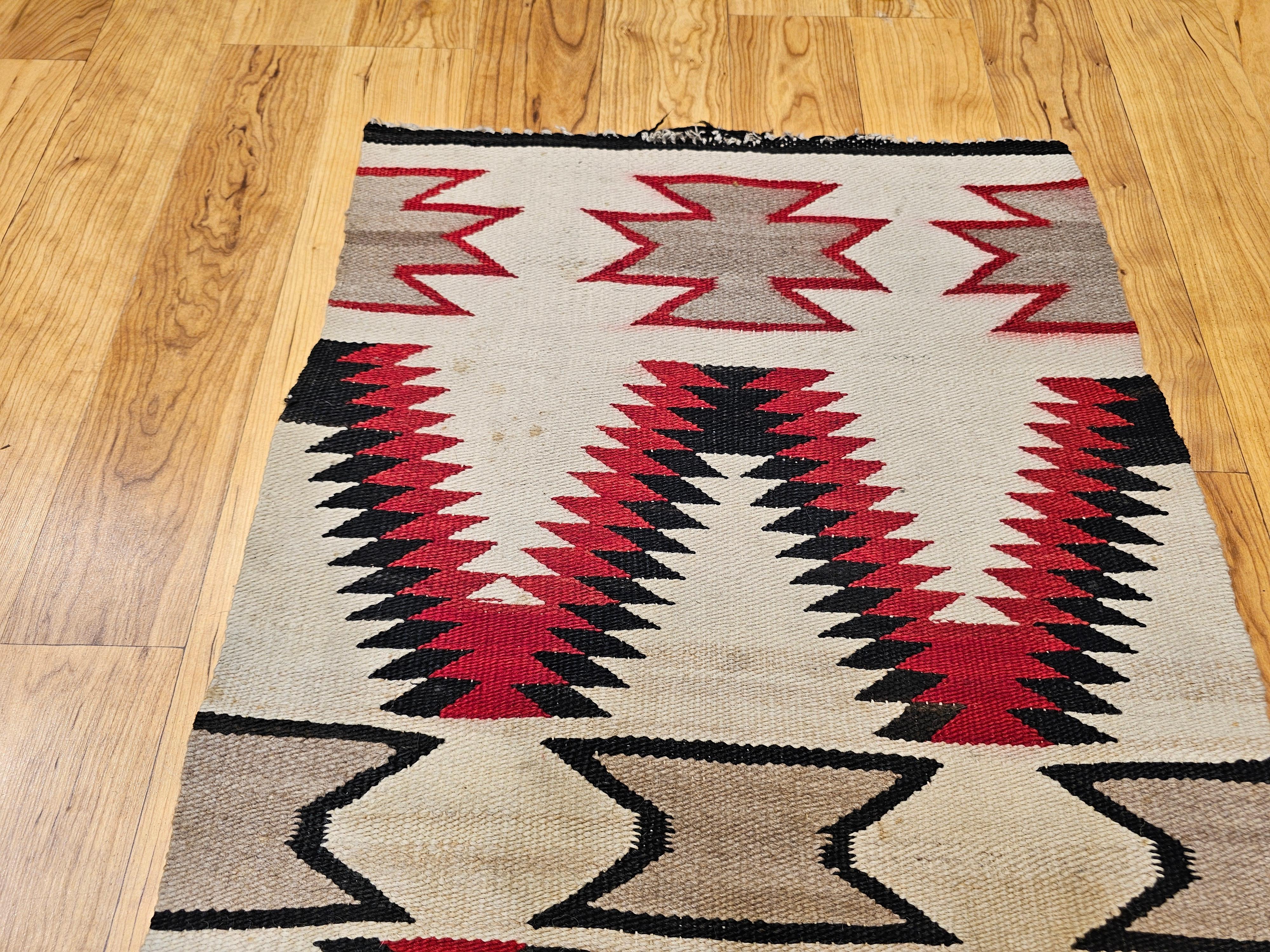 20th Century Vintage Native American Navajo Area Rug in Eye Dazzler Pattern in Ivory, Red For Sale