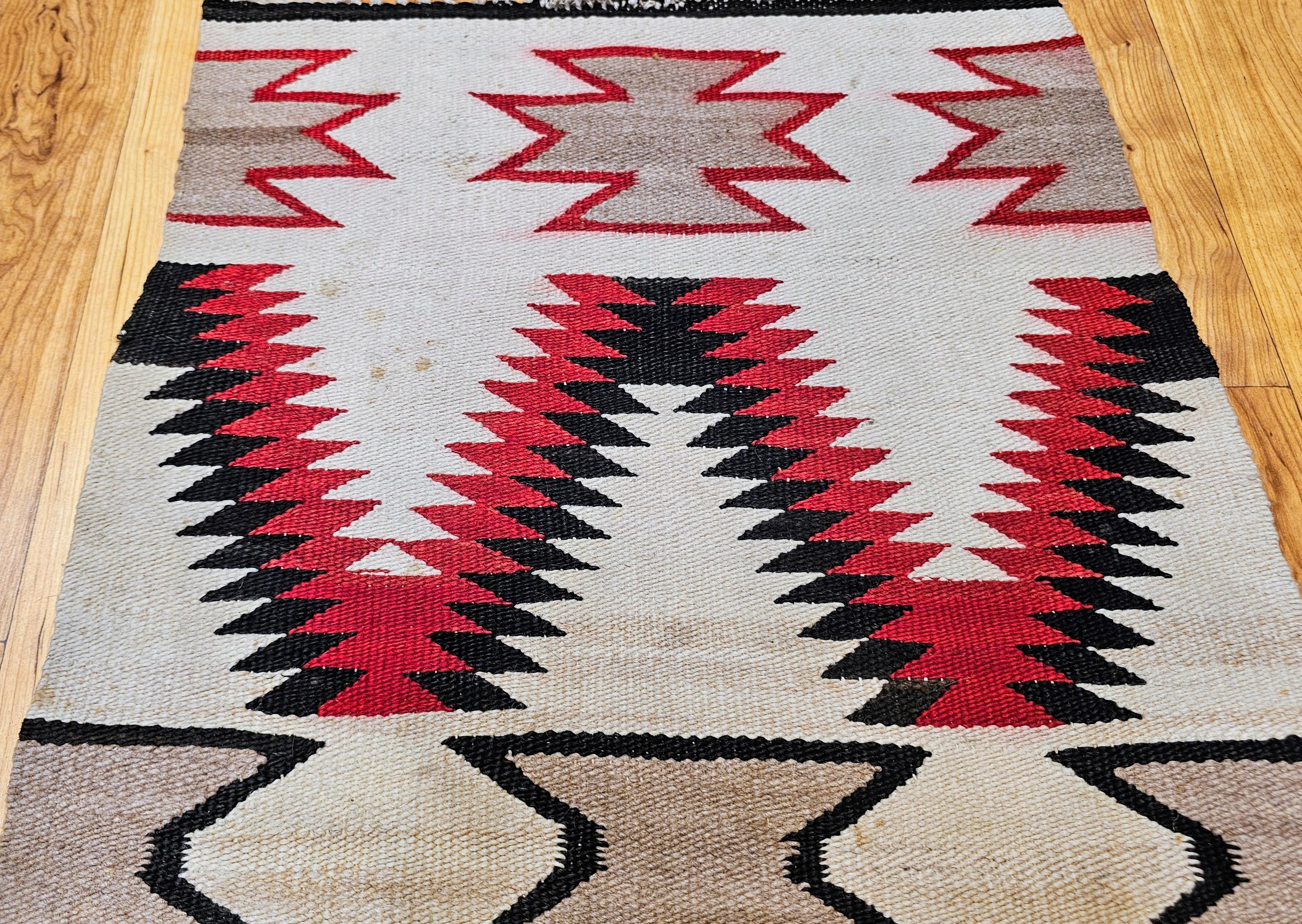 Wool Vintage Native American Navajo Area Rug in Eye Dazzler Pattern in Ivory, Red For Sale