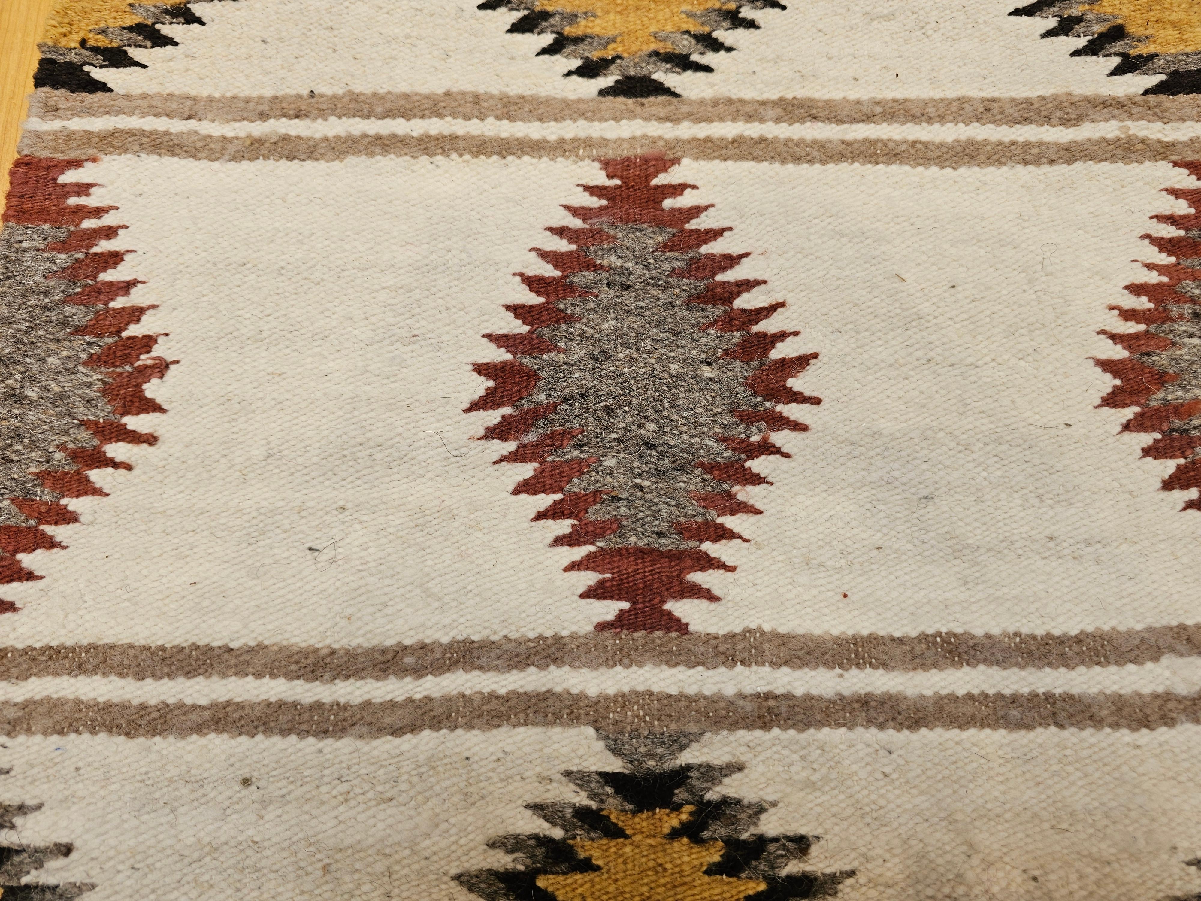 Vintage Native American Navajo Area Rug in Ivory, Gray, Brown, Black For Sale 1