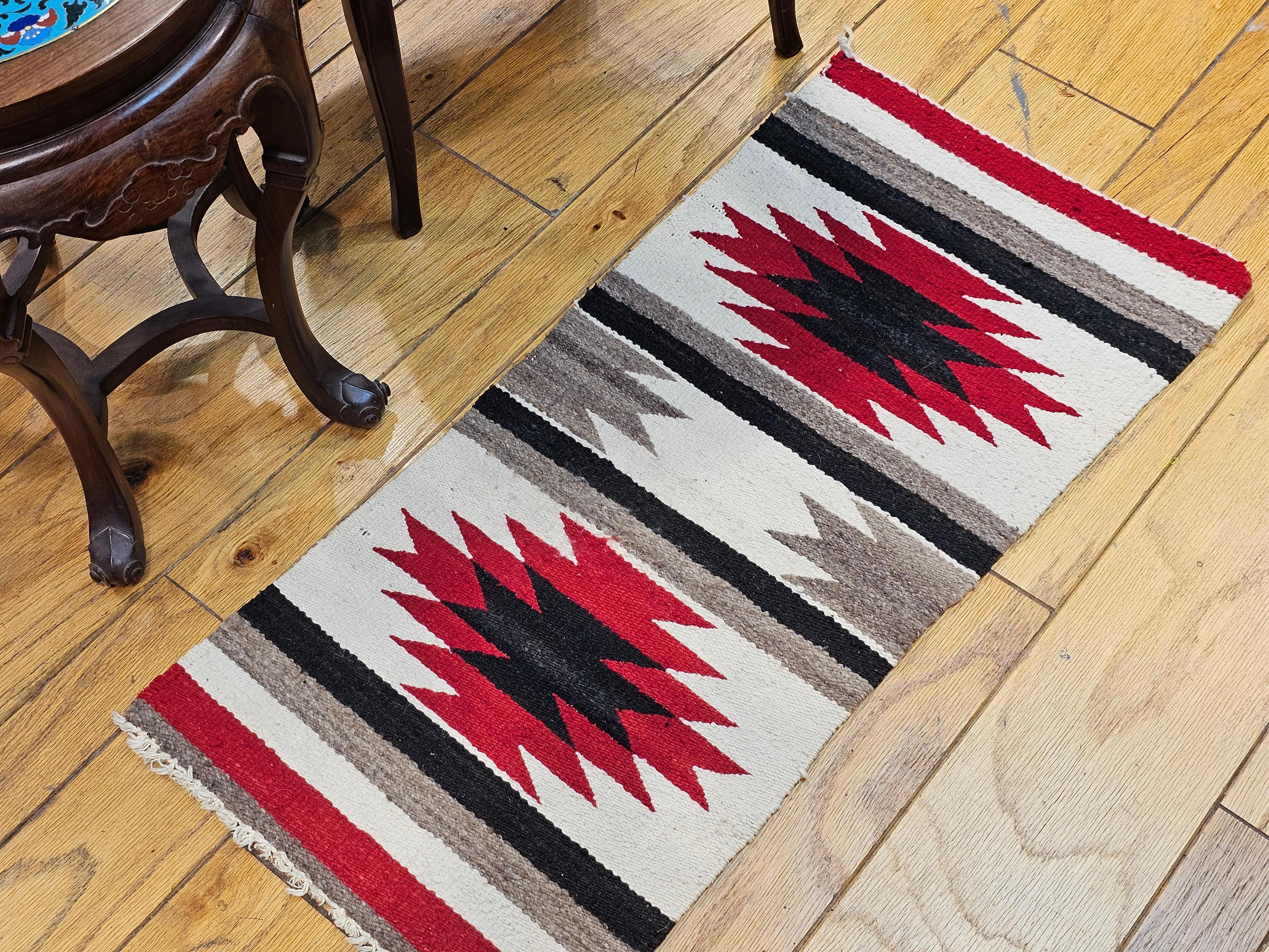 Hand-Woven Vintage Native American Navajo Area Rug in Ivory, Red, Black, Gray