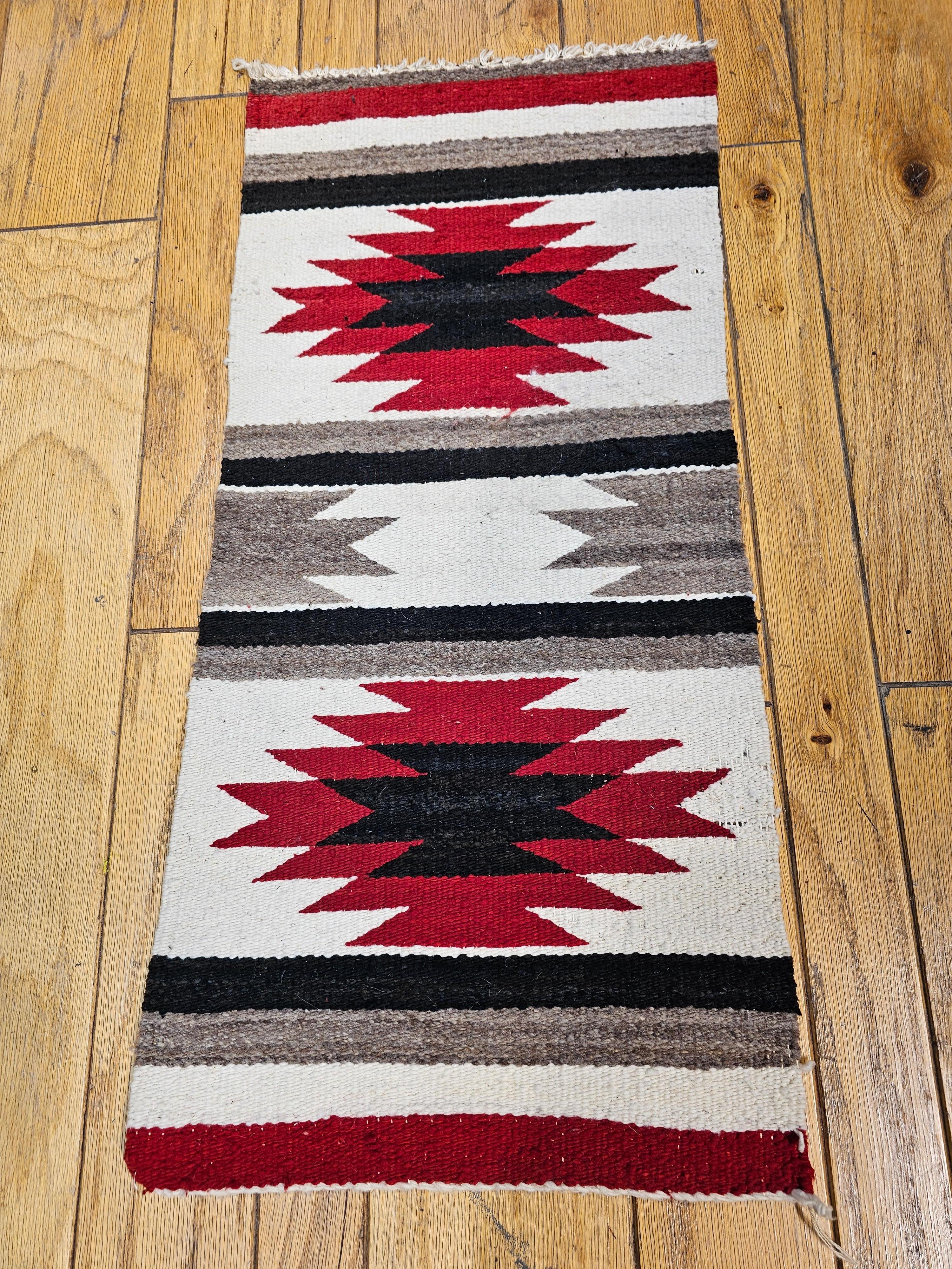 Wool Vintage Native American Navajo Area Rug in Ivory, Red, Black, Gray
