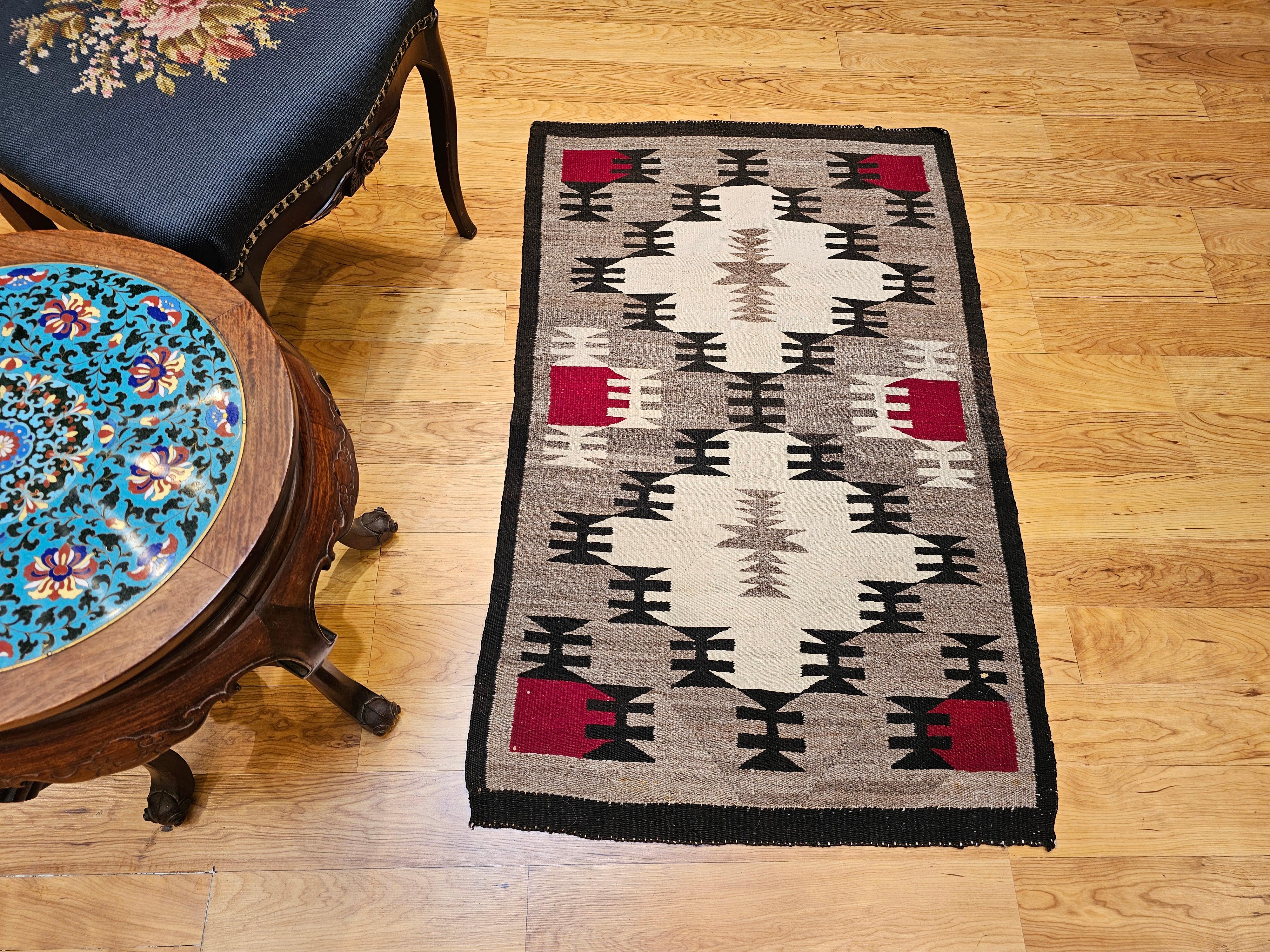 Vintage Native American Navajo Area Rug in Ivory, Red, Brown, Gray, Black For Sale 4