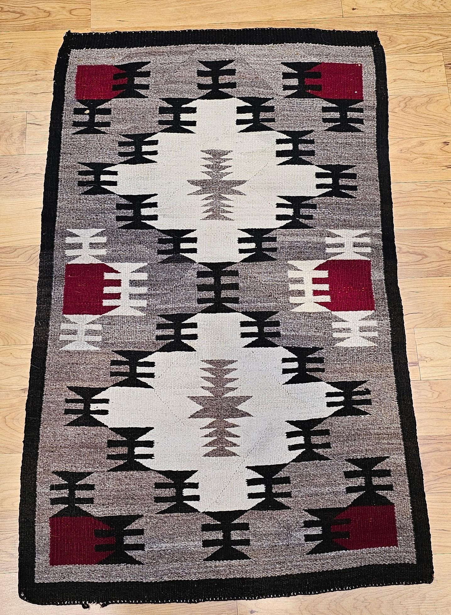 Vintage Native American Navajo Area Rug in Ivory, Red, Brown, Gray, Black For Sale 7